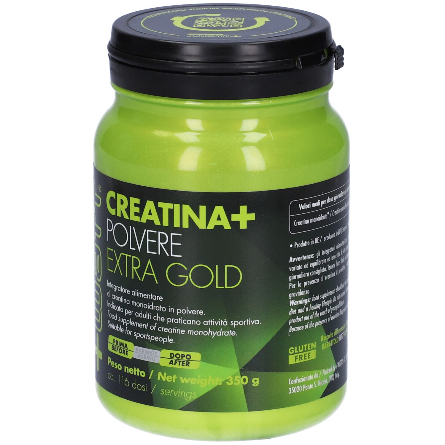 Contenitore verde di integratore con coperchio nero. Scritta: Creatina+ Polvere Extragold. 350 g. Senza glutine.