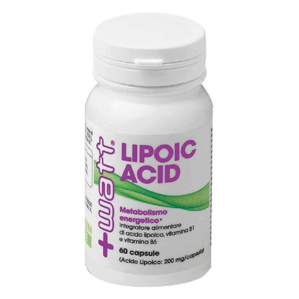 Flacone bianco con Lipoic Acid. Contiene 60 capsule. Marchio +watt.
