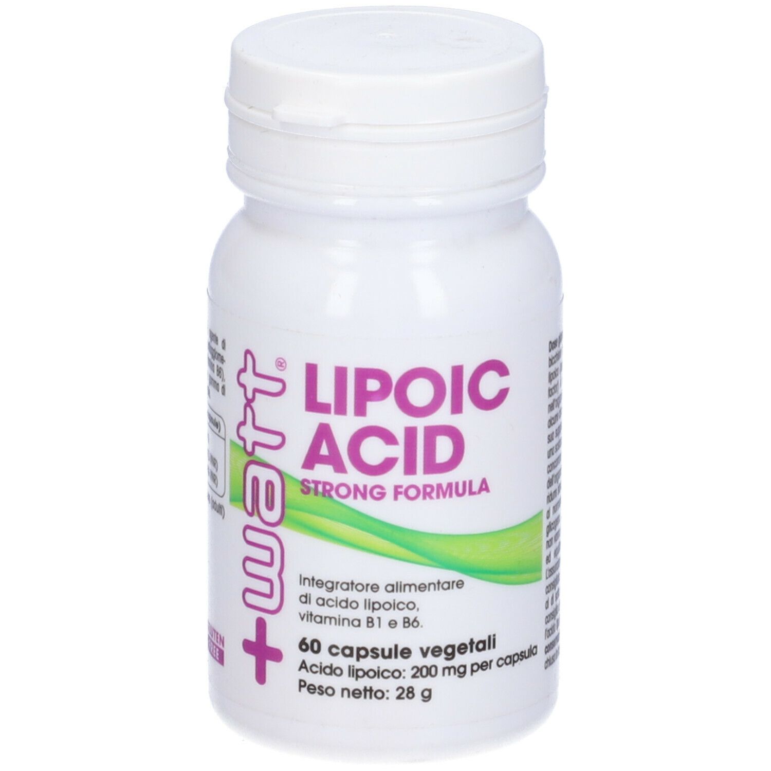 Flacone bianco con Lipoic Acid Strong Formula. 60 capsule. Marchio +watt.