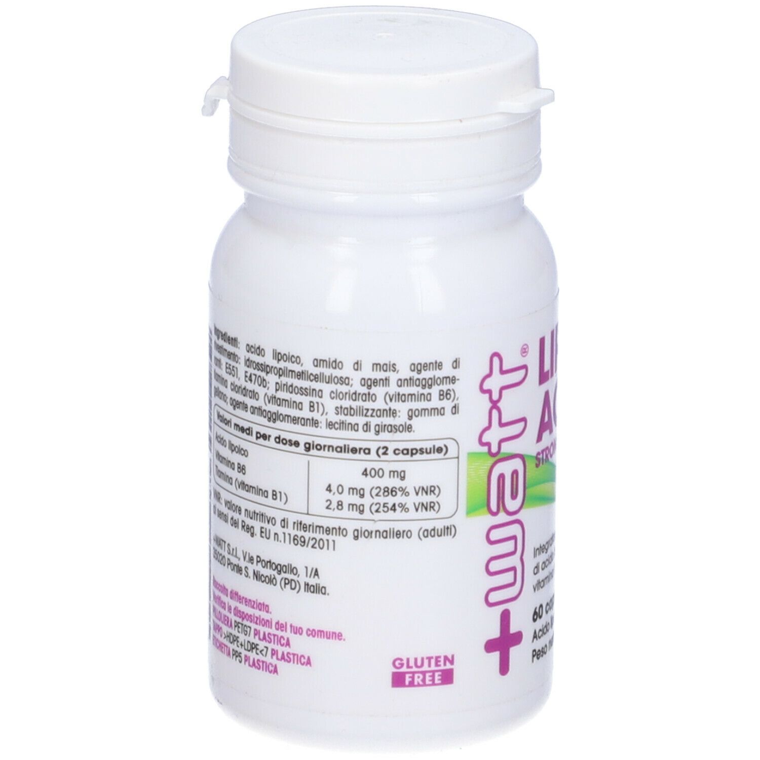 Flacone bianco con etichetta. Ingredienti e valori nutrizionali. Senza glutine.