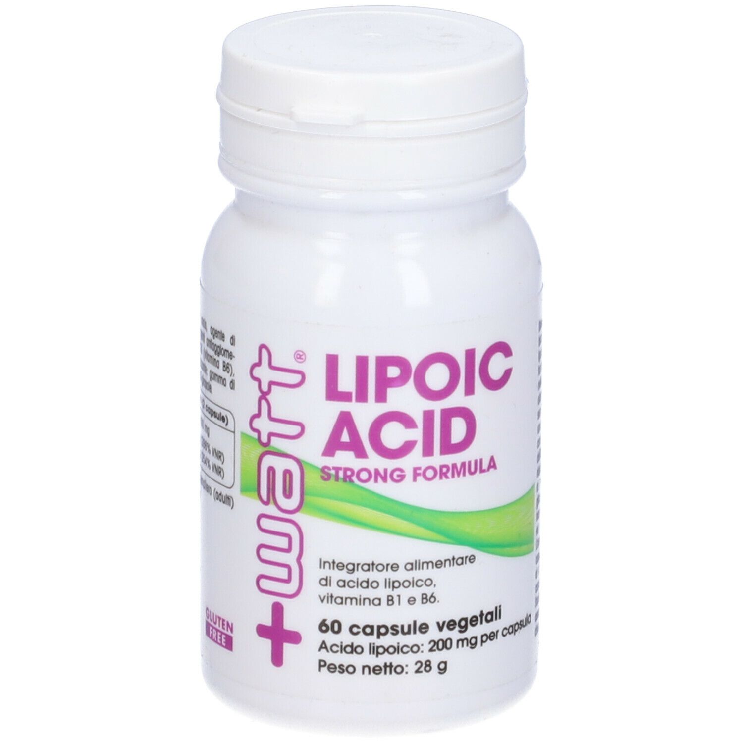 Flacone bianco con Lipoic Acid Strong Formula. 60 capsule. Marchio +watt.