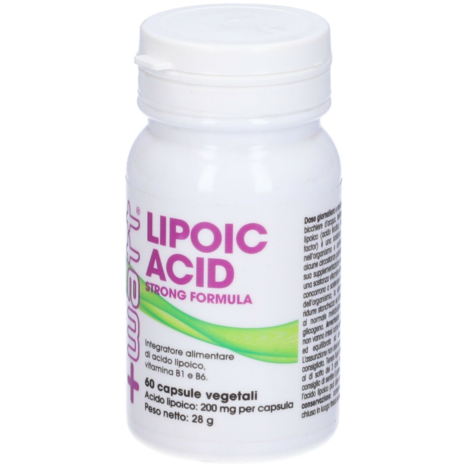 Flacone bianco con Lipoic Acid Strong Formula. 60 capsule. Marchio +watt.