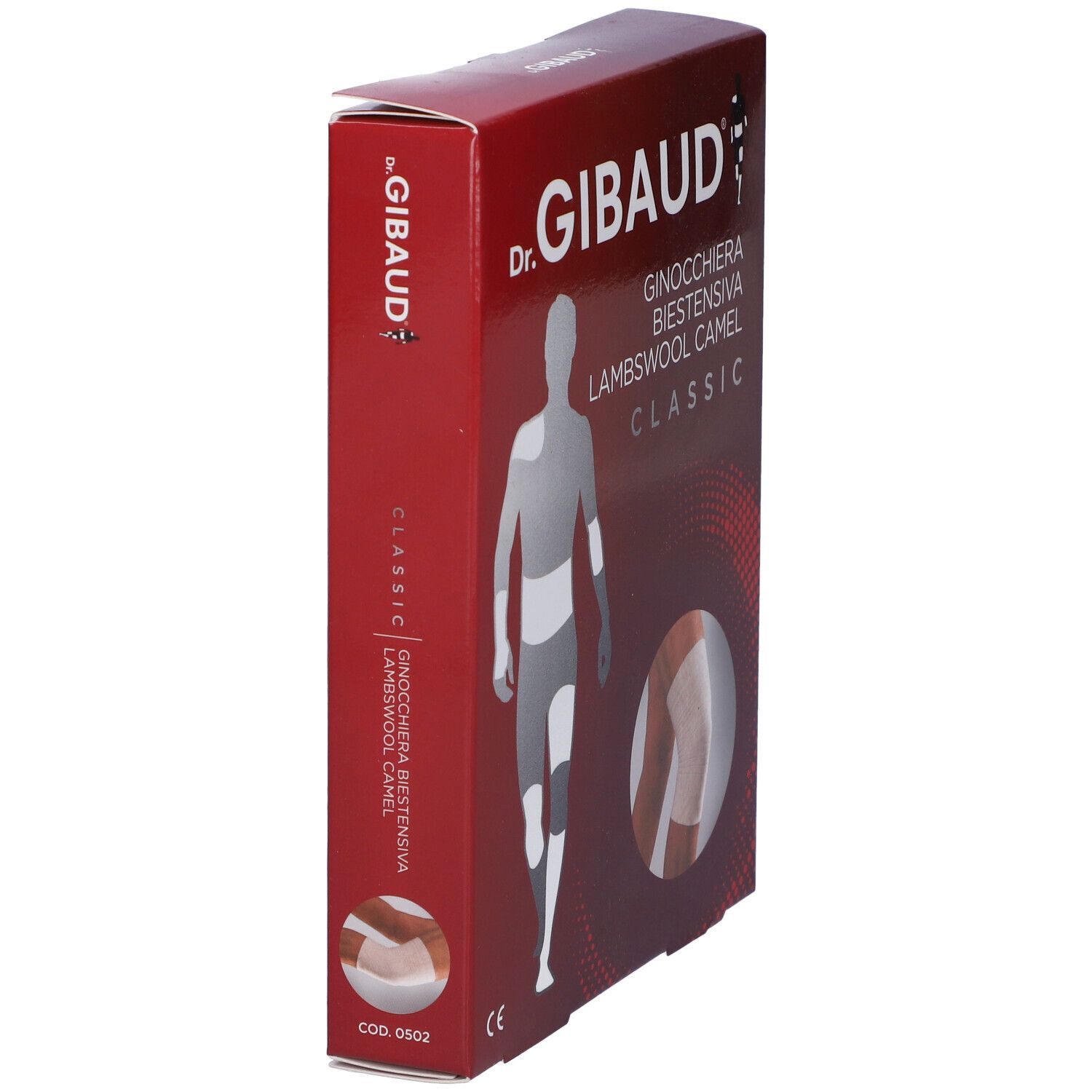 Confezione Ginocchiera Biestensiva Lambswool Camel Classic. Scatola rossa, vista laterale, immagine prodotto.