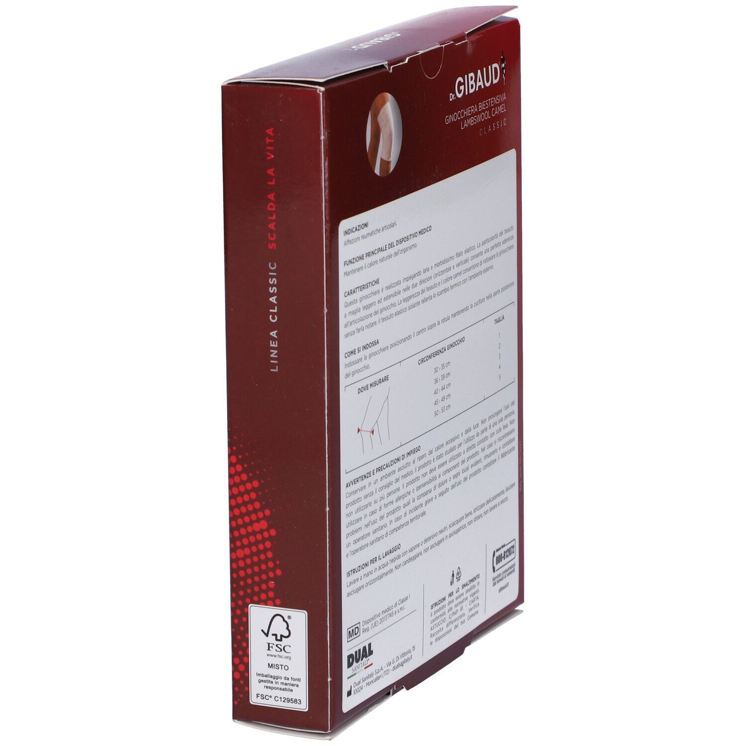 Confezione Ginocchiera Biestensiva Lambswool Camel Classic. Scatola rossa, vista laterale, testo e loghi.