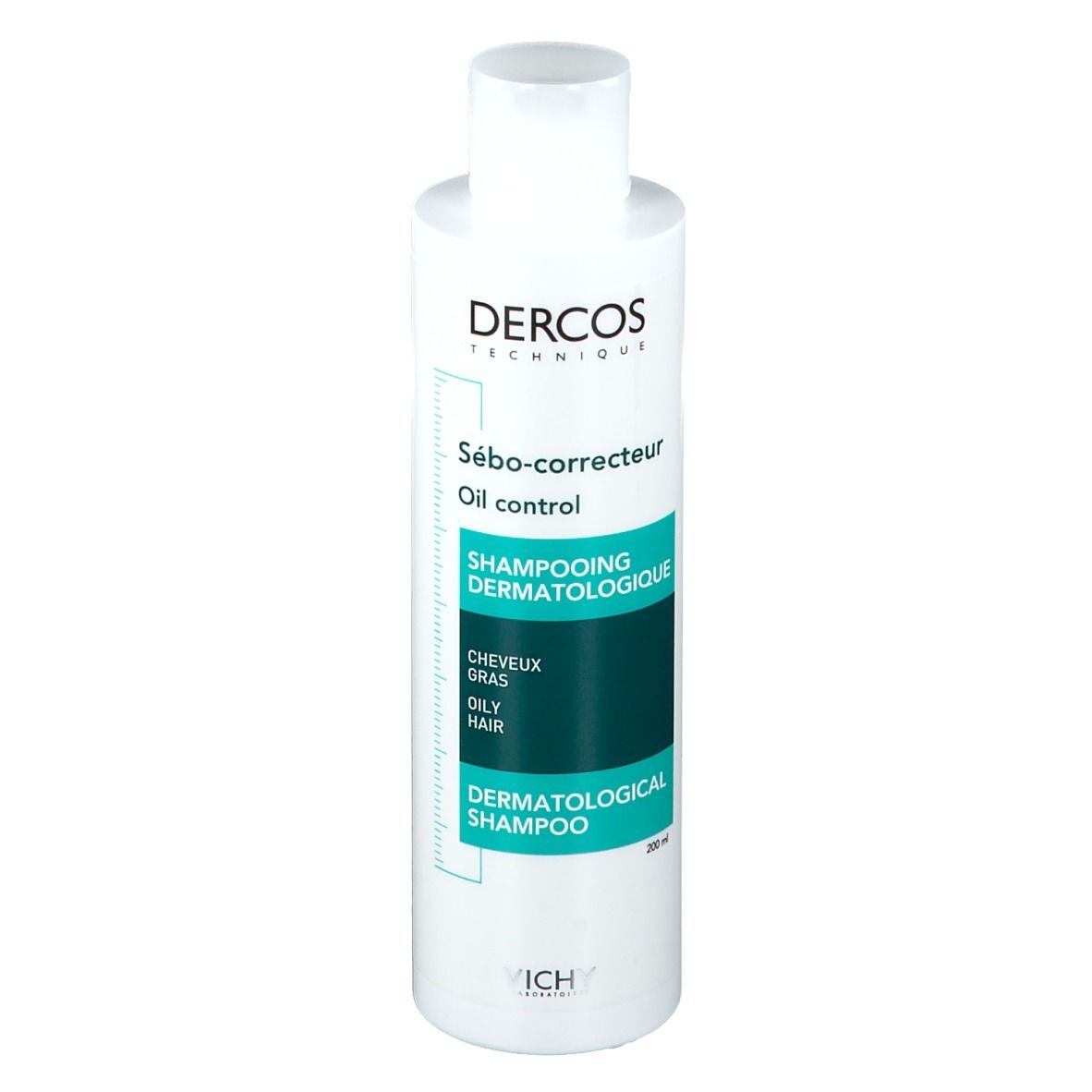 Weißes Shampoo mit grünem Etikett. Aufschrift: Dercos, Oil control, dermatologisches Shampoo. Flasche mit 200ml.