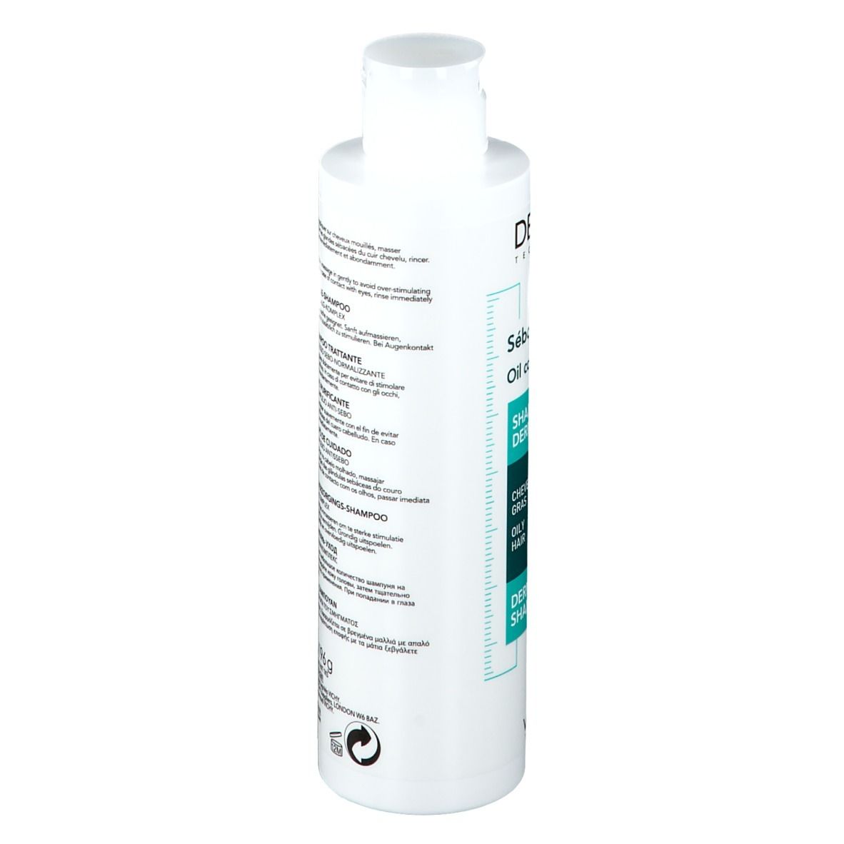 Seitenansicht des Shampoos. Aufschrift: Dercos, Oil control, dermatologisches Shampoo. Flasche mit 200ml. Text in mehreren Sprachen.
