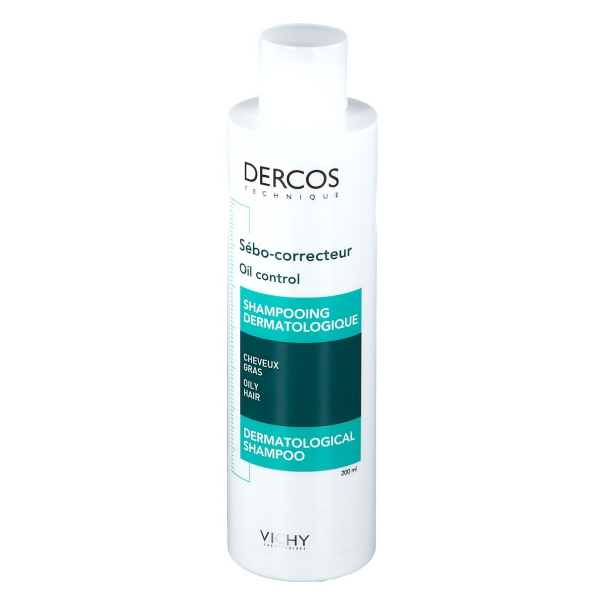 Weißes Shampoo mit grünem Etikett. Aufschrift: Dercos, Oil control, dermatologisches Shampoo. Flasche mit 200ml.
