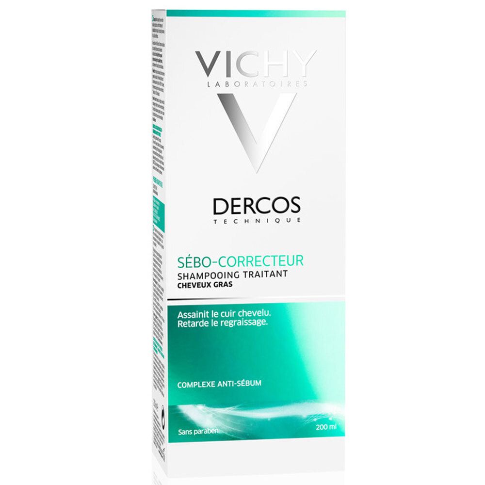Weiße Verpackung mit grünem Etikett. Aufschrift: Dercos, Sèbo-correcteur, Shampooing traitant cheveux gras. Logo Vichy.