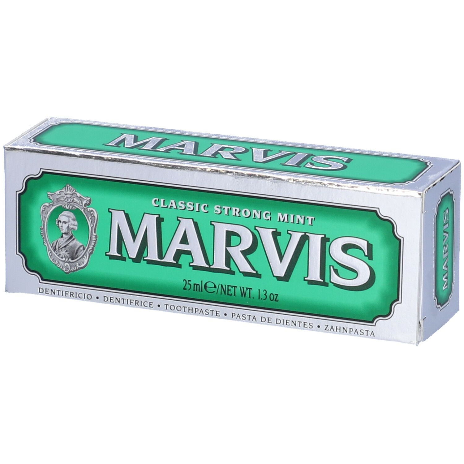 Marvis Zahnpasta-Schachtel, grün-silber. Aufschrift: Marvis, Classic Strong Mint. 25ml/1.3 oz. Mit Porträt. Mehrsprachige Angaben.