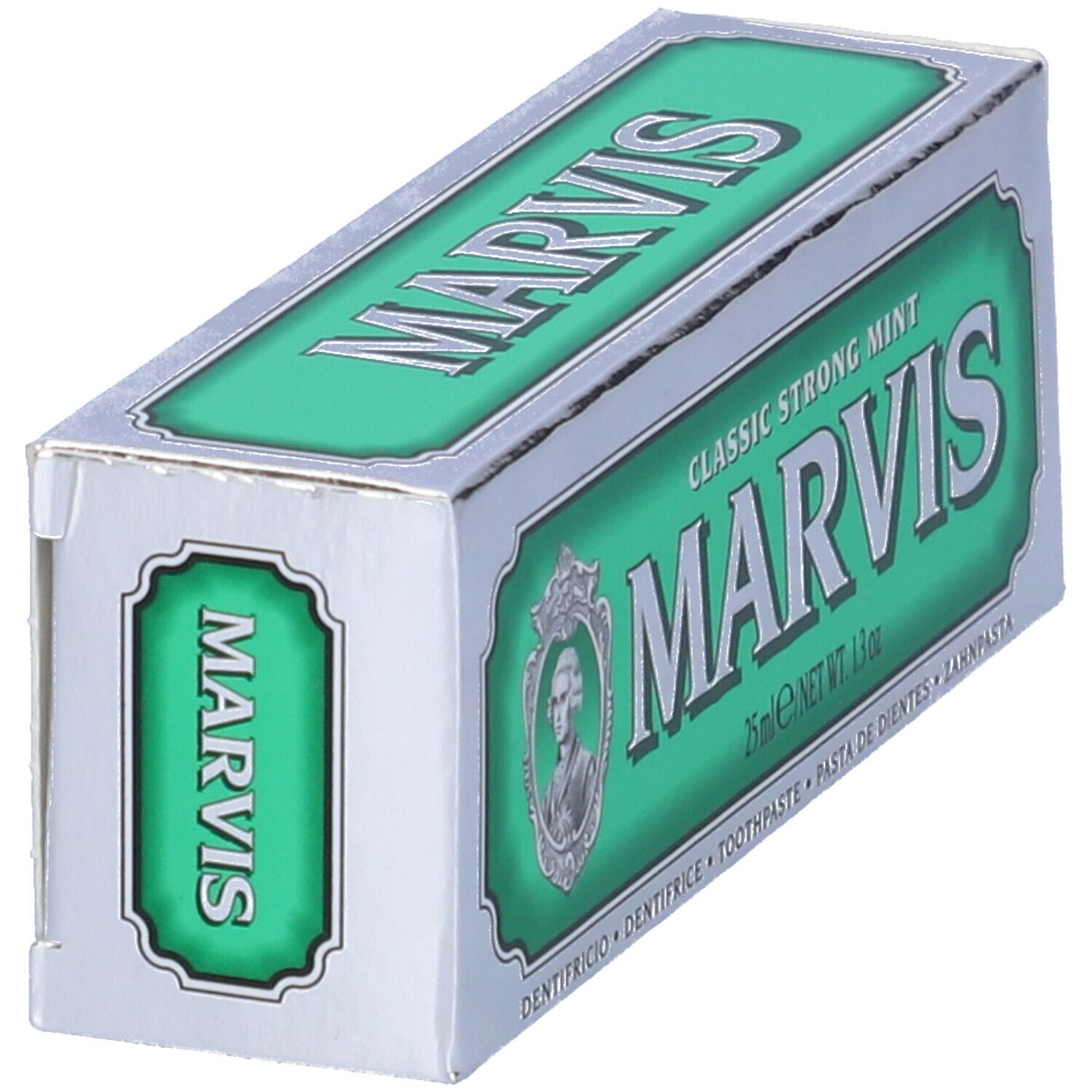 Marvis Zahnpasta-Schachtel, grün-silber. Aufschrift: Marvis, Classic Strong Mint. 25ml/1.3 oz. Mehrsprachige Angaben.