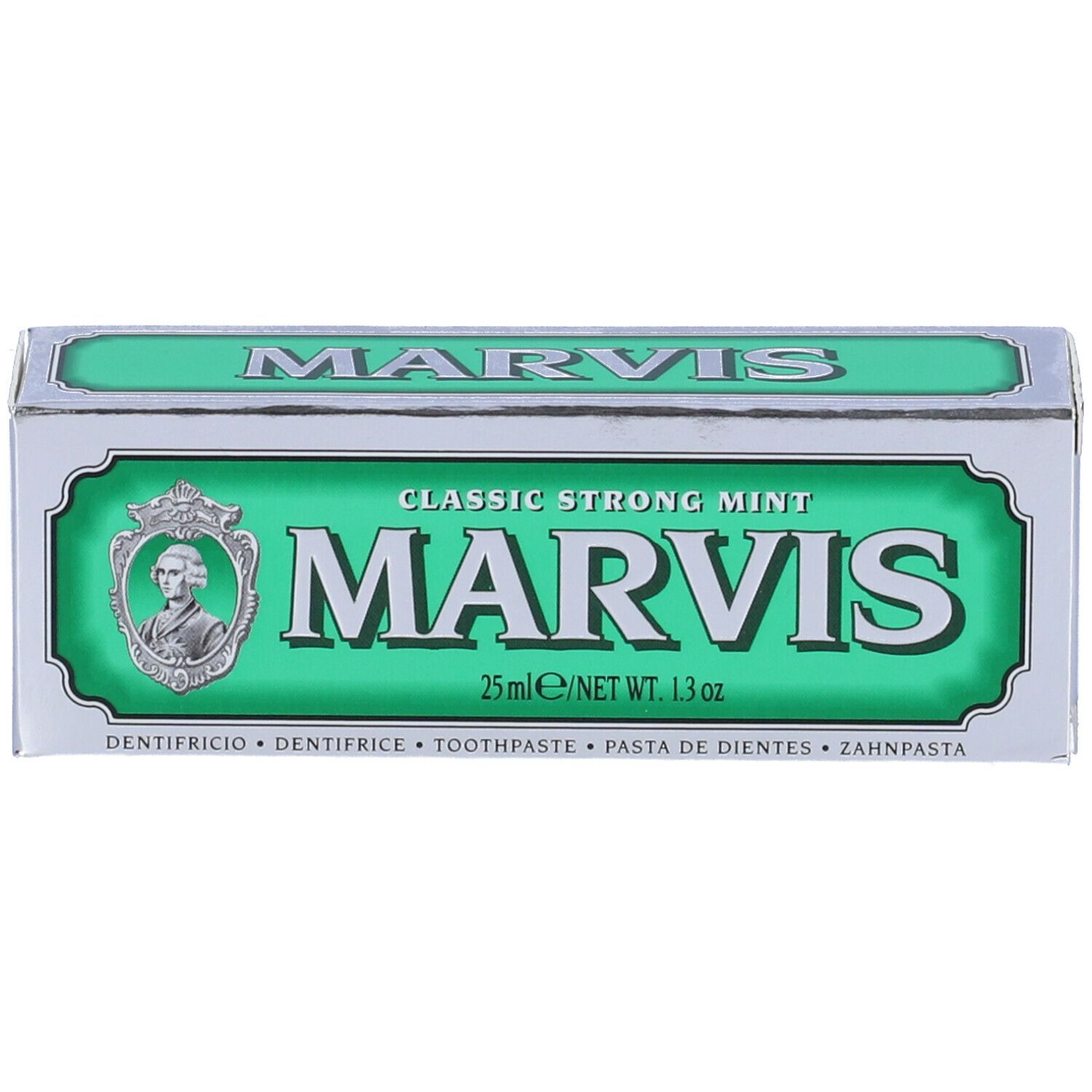 Marvis Zahnpasta-Schachtel, grün-silber. Aufschrift: Marvis, Classic Strong Mint. 25ml/1.3 oz. Mit Porträt.