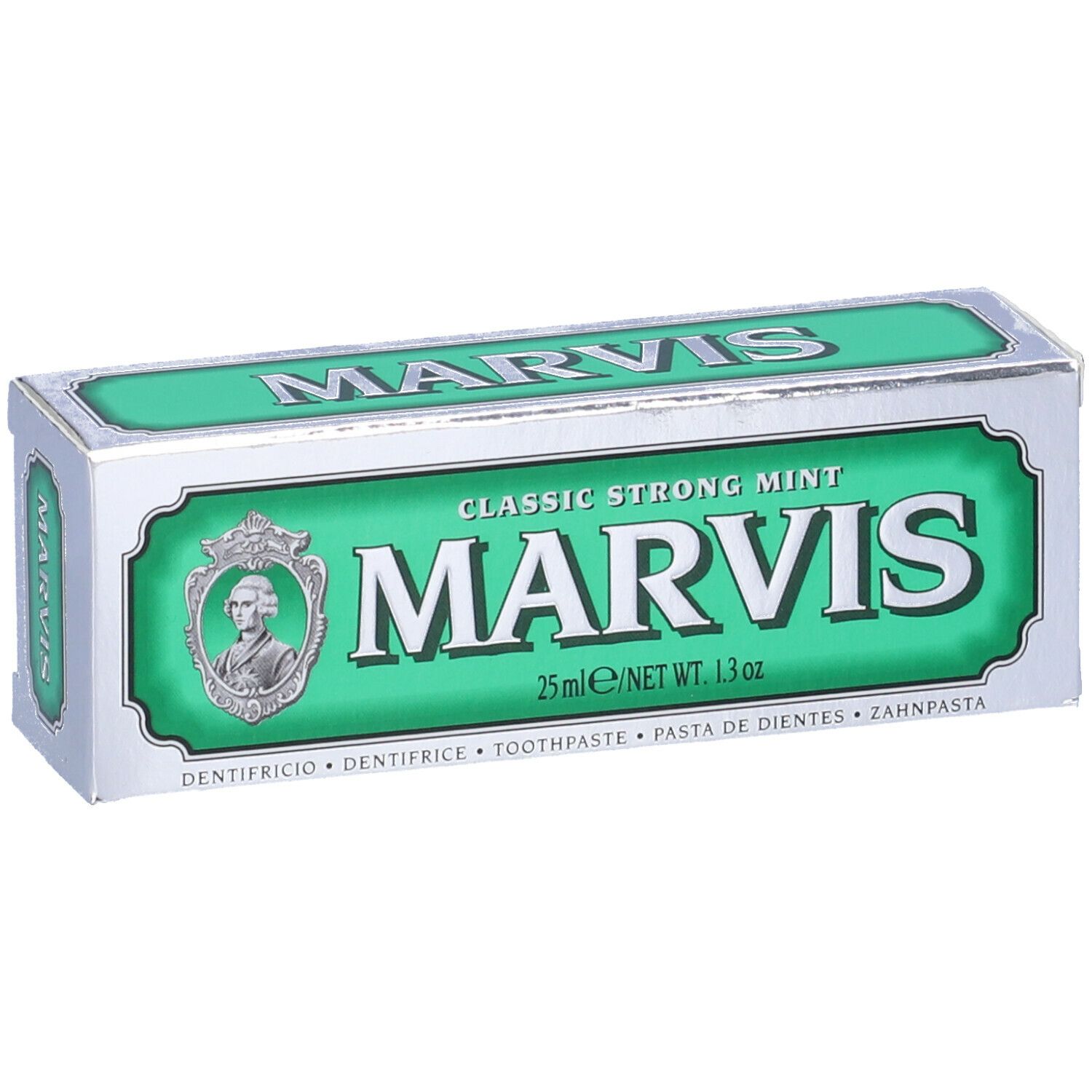 Marvis Zahnpasta-Schachtel, grün-silber. Aufschrift: Marvis, Classic Strong Mint. 25ml/1.3 oz. Mit Porträt.