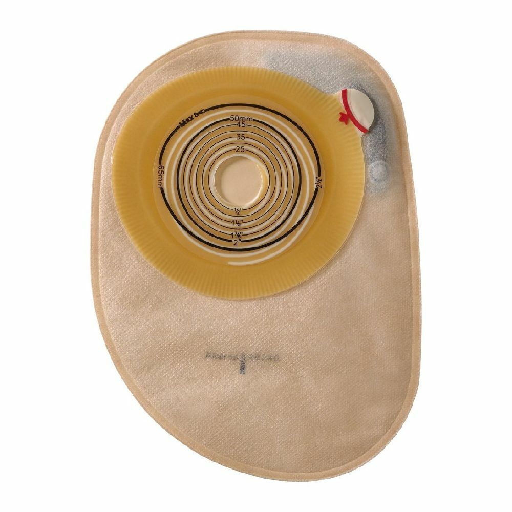 Sistema a sacca con flangia gialla e rivestimento in tessuto. La flangia ha un'apertura con indicazioni di misura. Sacca beige.