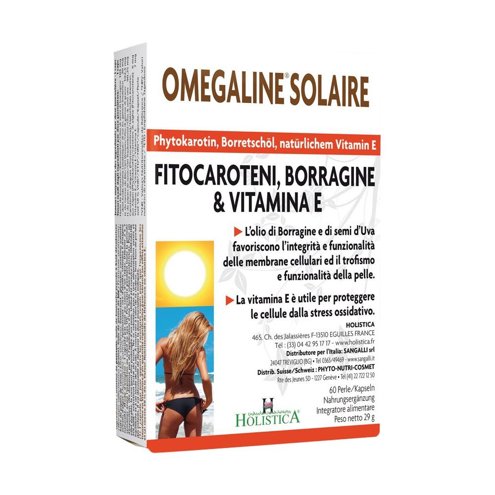 Scatola Omegaline Solaire. Contiene fitocarotene, olio di borragine e vitamina E. Immagine di donna sulla spiaggia.