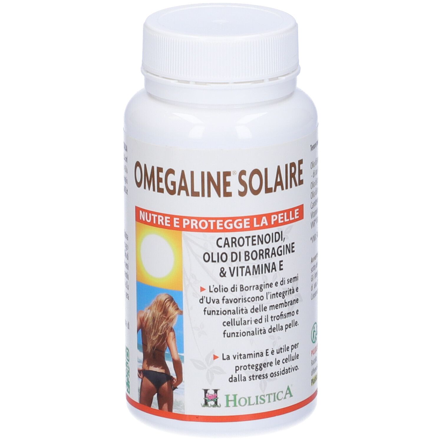 Flacone bianco Omegaline Solaire. Contiene carotenoidi, olio di borragine e vitamina E. Donna sulla spiaggia.