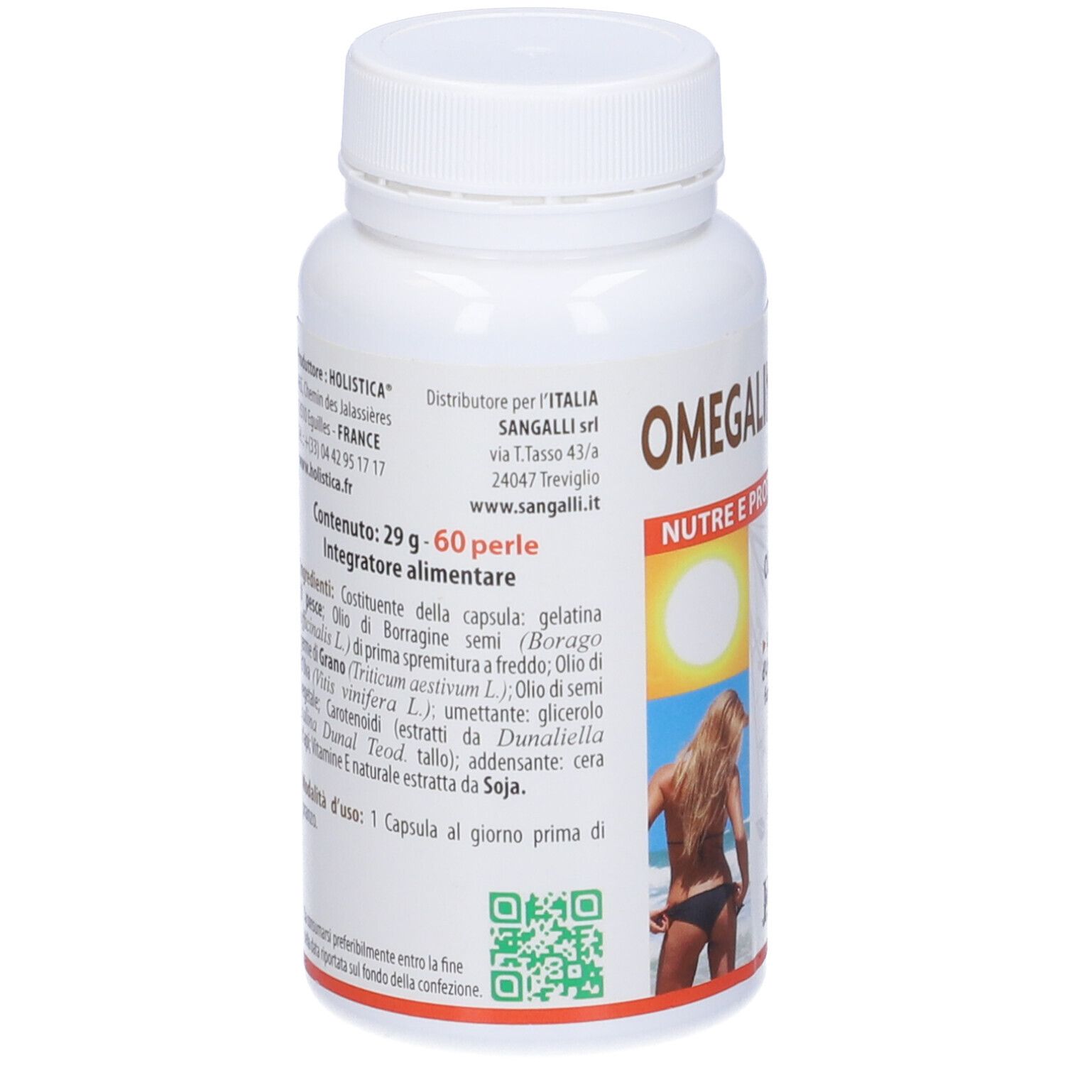Flacone bianco Omegaline Solaire. Retro con ingredienti e informazioni produttore. 60 capsule.
