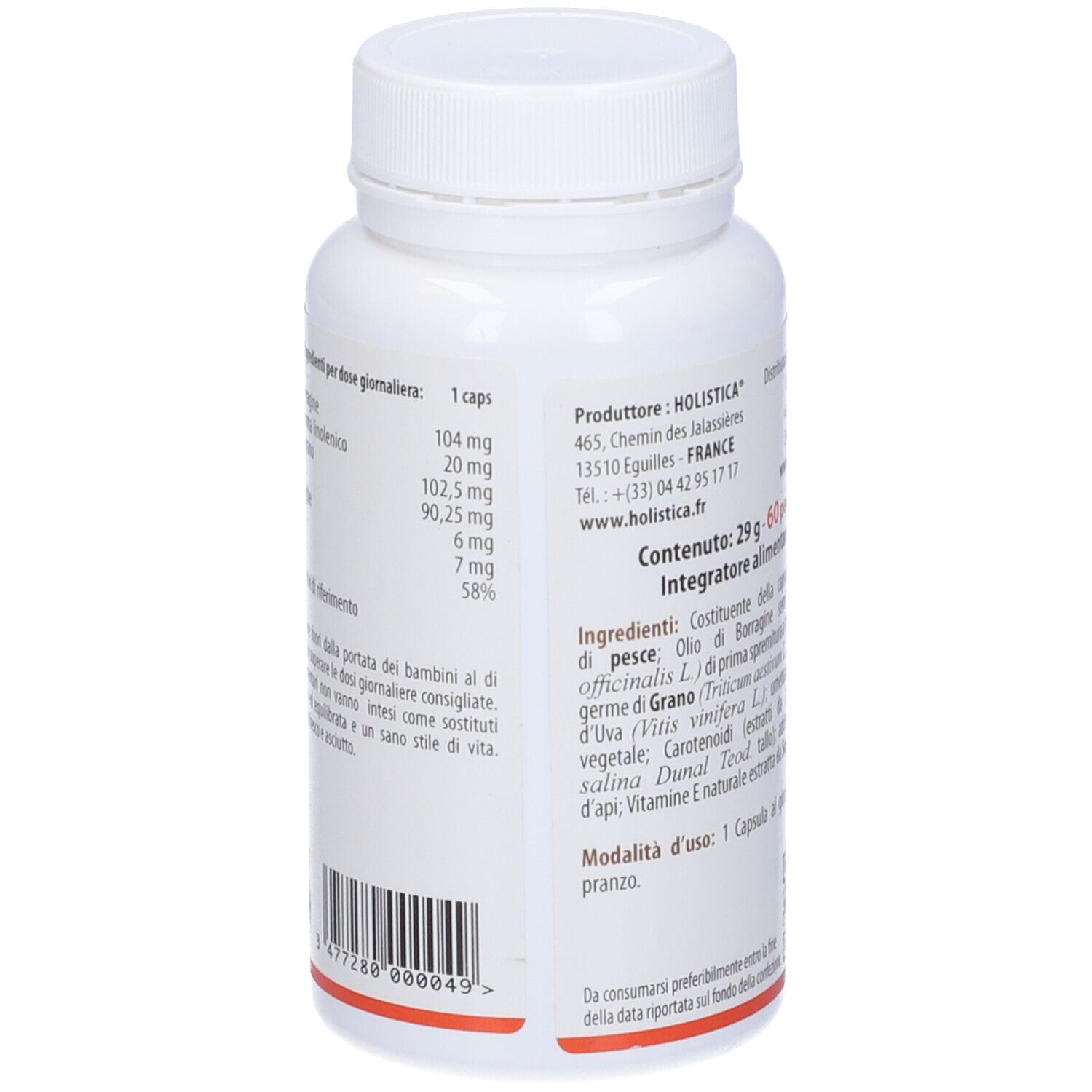 Flacone bianco Omegaline Solaire. Retro con informazioni nutrizionali e produttore.