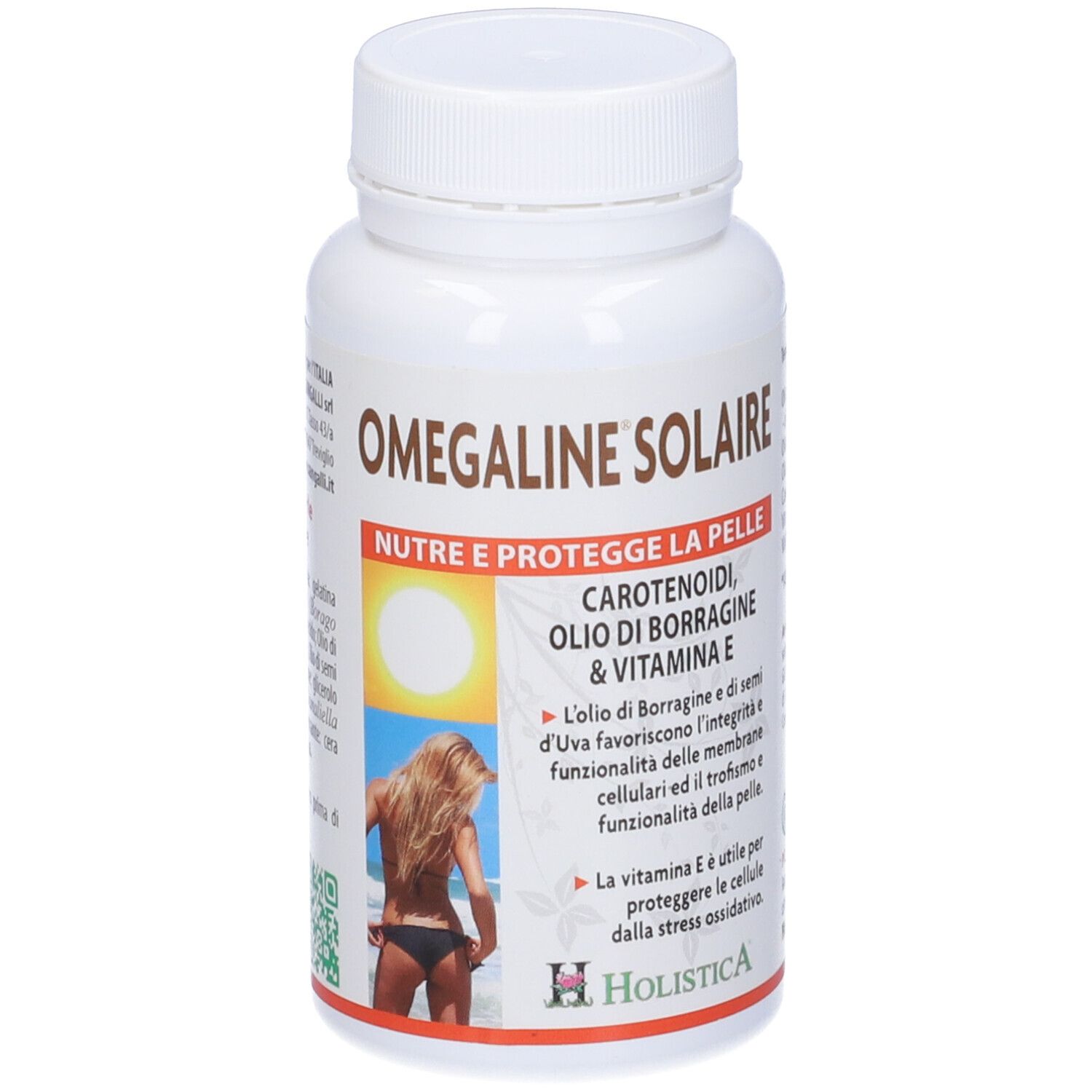 Flacone bianco Omegaline Solaire. Contiene carotenoidi, olio di borragine e vitamina E. Donna sulla spiaggia.