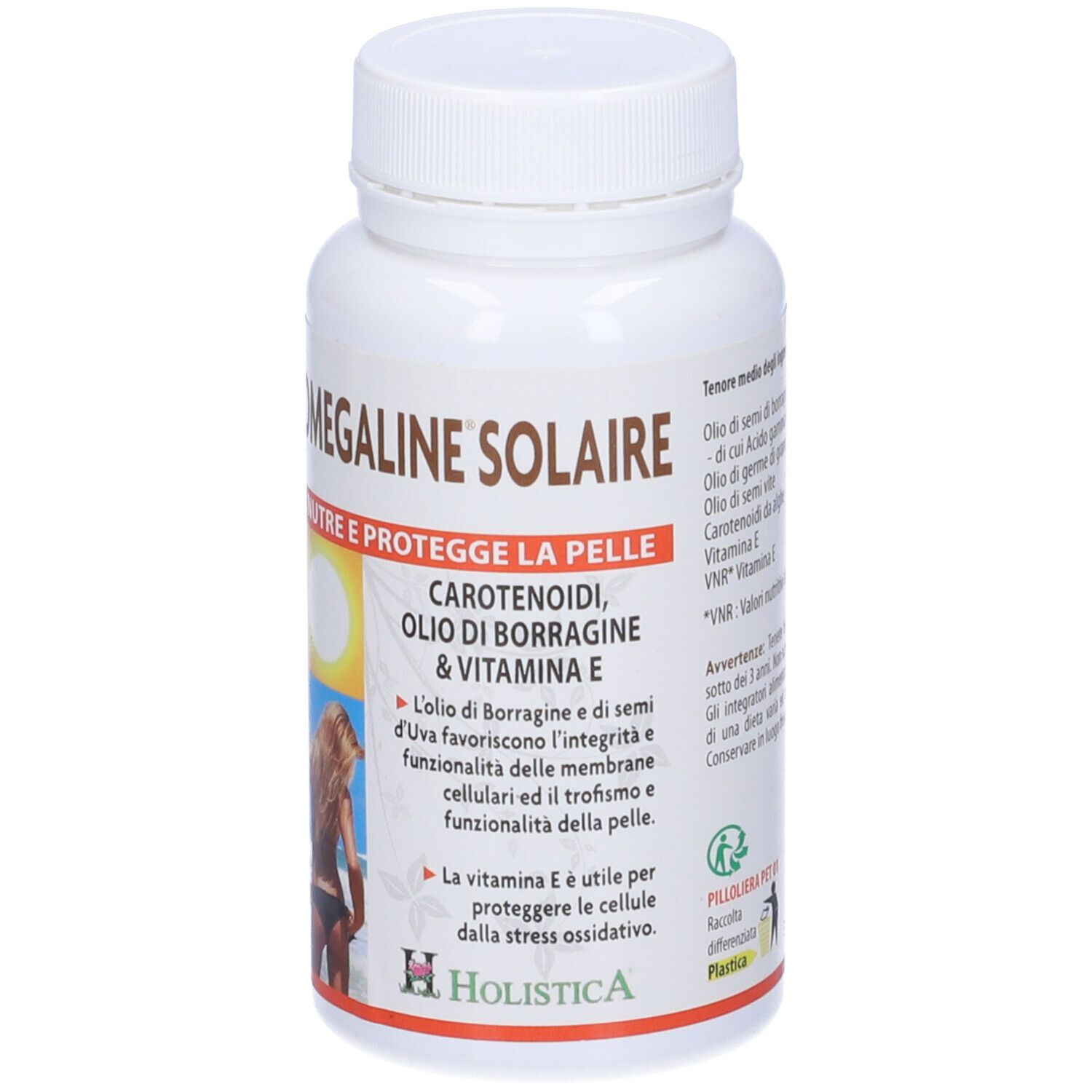 Flacone bianco Omegaline Solaire. Contiene carotenoidi, olio di borragine e vitamina E. Donna sulla spiaggia.