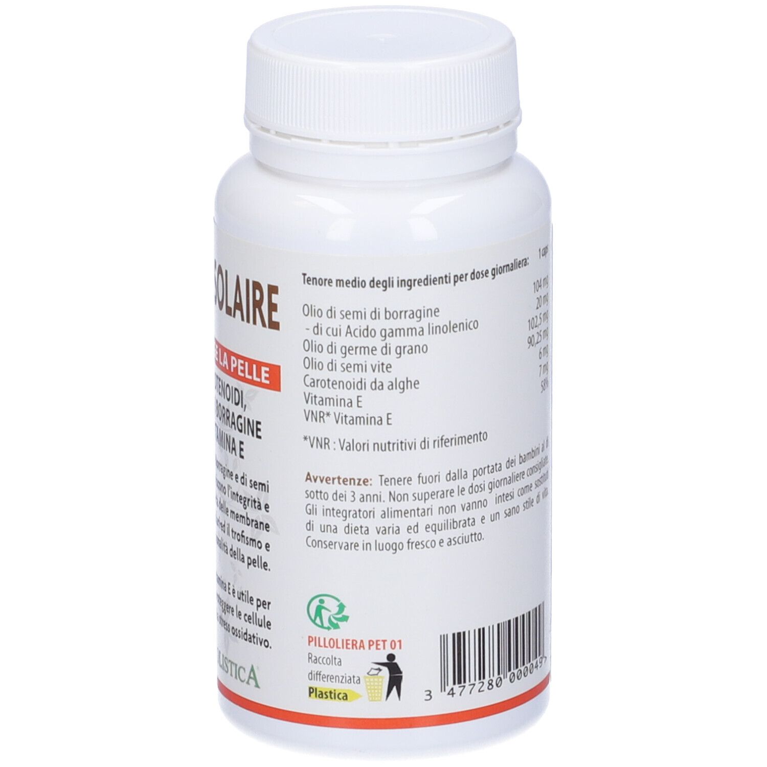 Flacone bianco Omegaline Solaire. Retro con ingredienti, valori nutrizionali e simbolo di riciclaggio.
