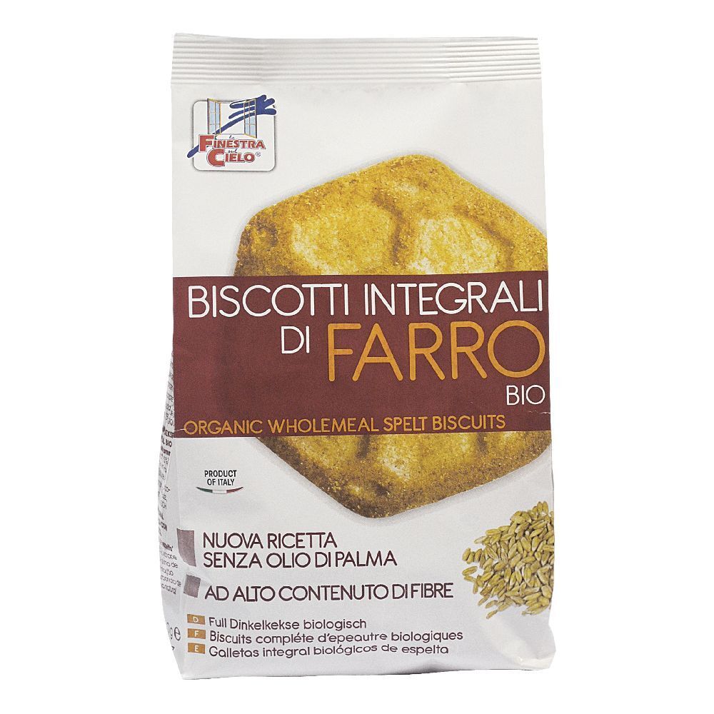 Confezione di Biscotti Integrali di Farro Bio. Testo: Organic Wholemeal Spelt Biscuits. Testi in italiano e francese.