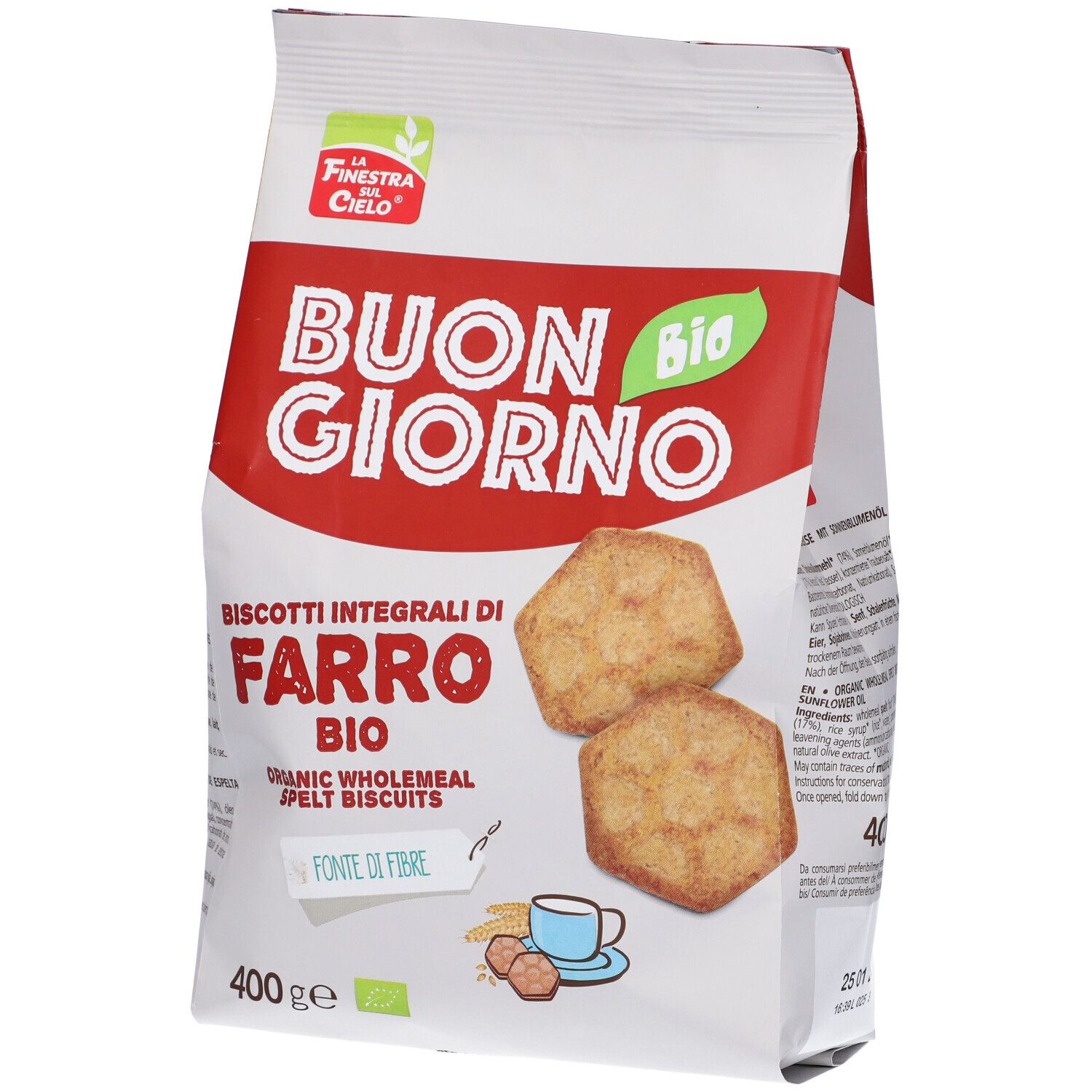Confezione di Biscotti Integrali di Farro Bio. Due biscotti. Testo: Buon Giorno, Fonte di Fibre.