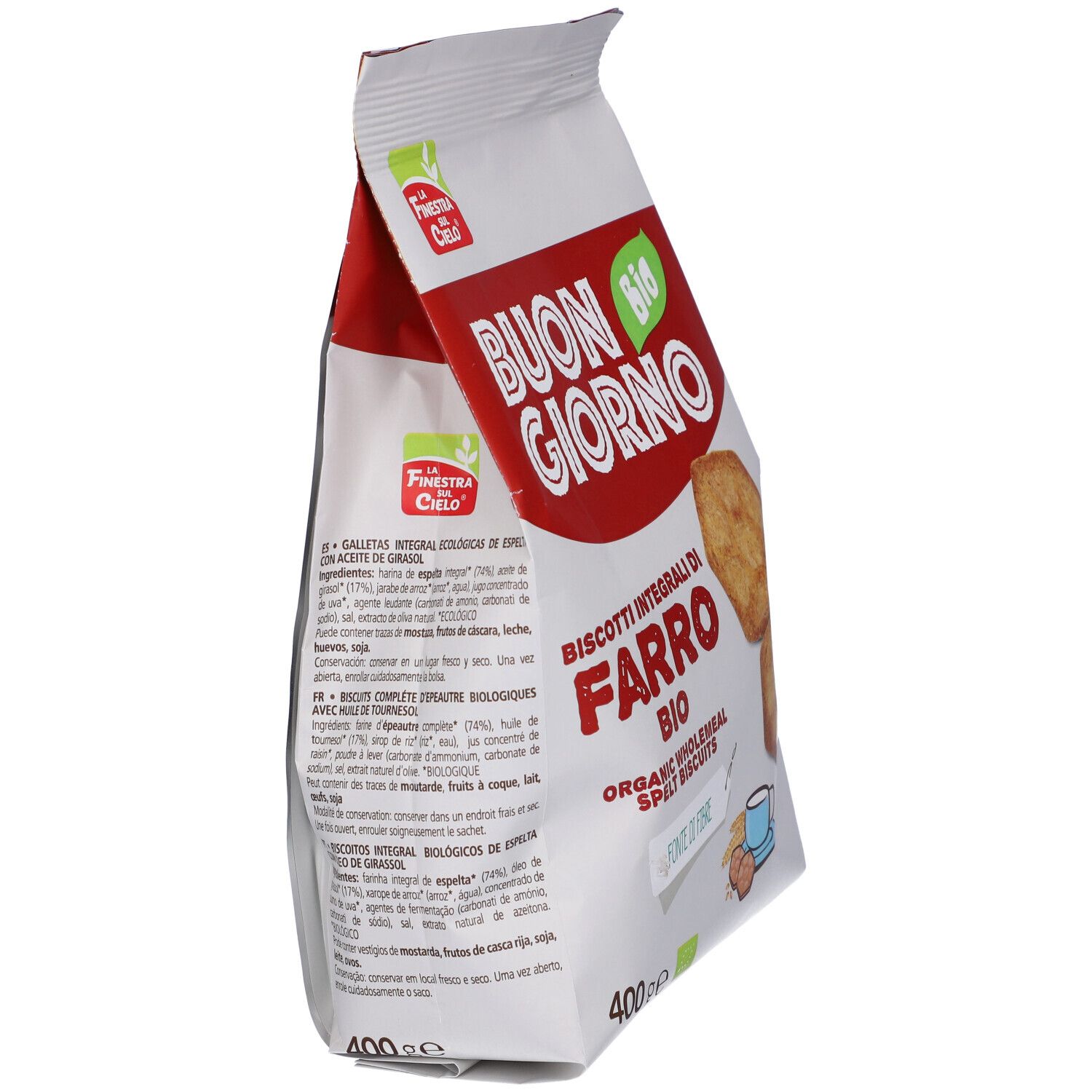 Confezione di Biscotti Integrali di Farro Bio. Vista laterale. Testo: Buon Giorno, Fonte di Fibre. Marchio Bio.