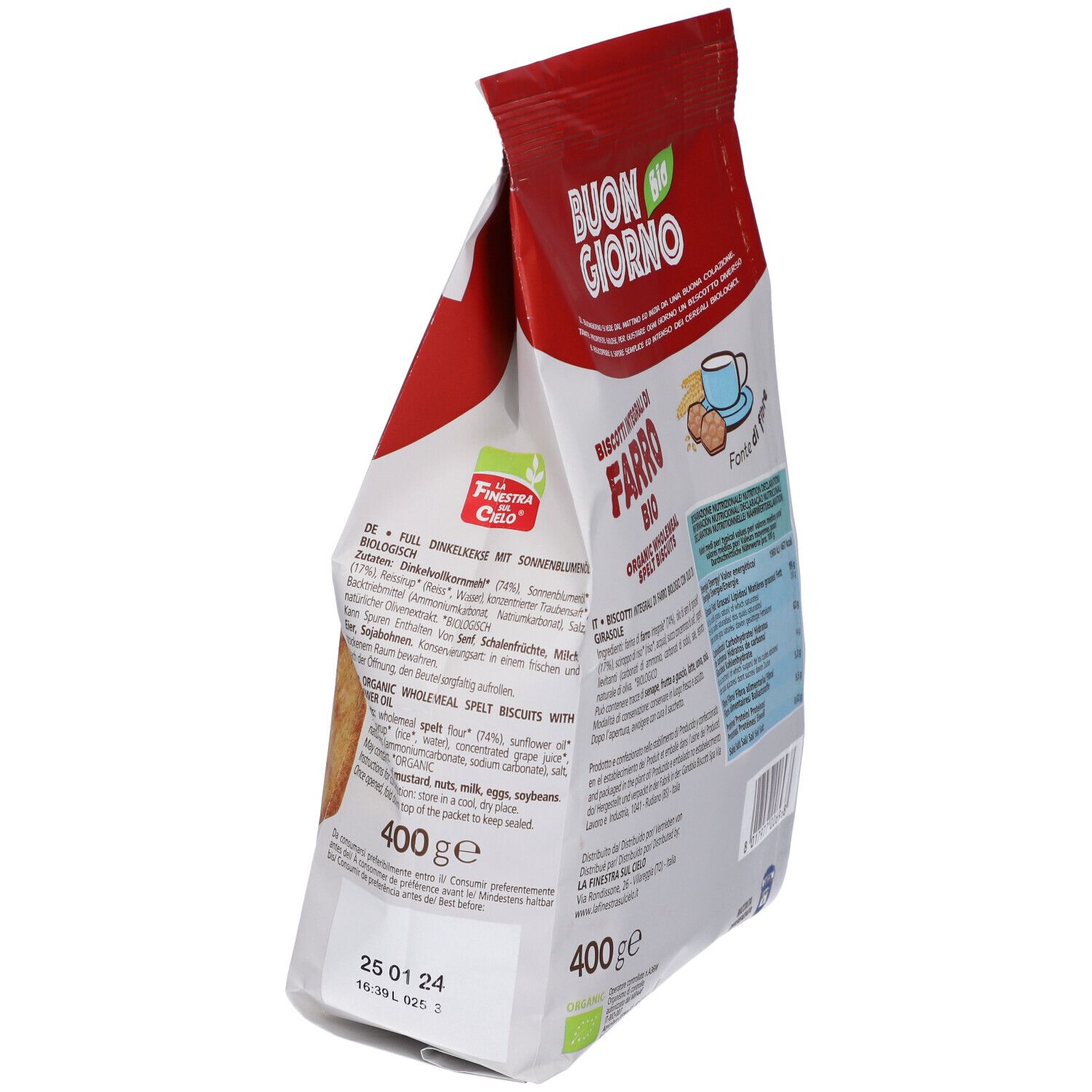 Confezione di Biscotti Integrali di Farro Bio. Vista laterale. Testo: Buon Giorno, Fonte di Fibre. Marchio Bio.