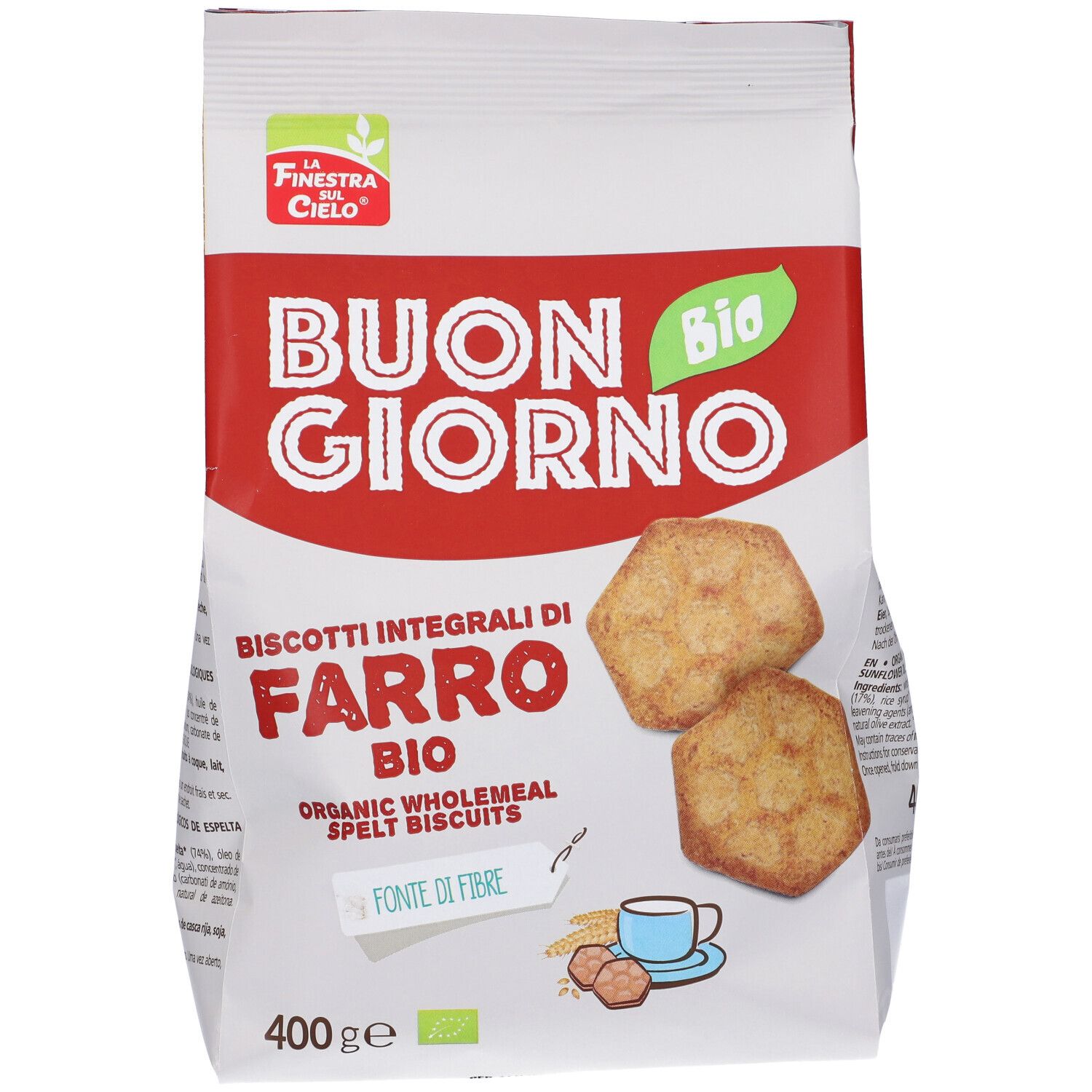 Confezione di Biscotti Integrali di Farro Bio. Due biscotti. Testo: Buon Giorno, Fonte di Fibre.