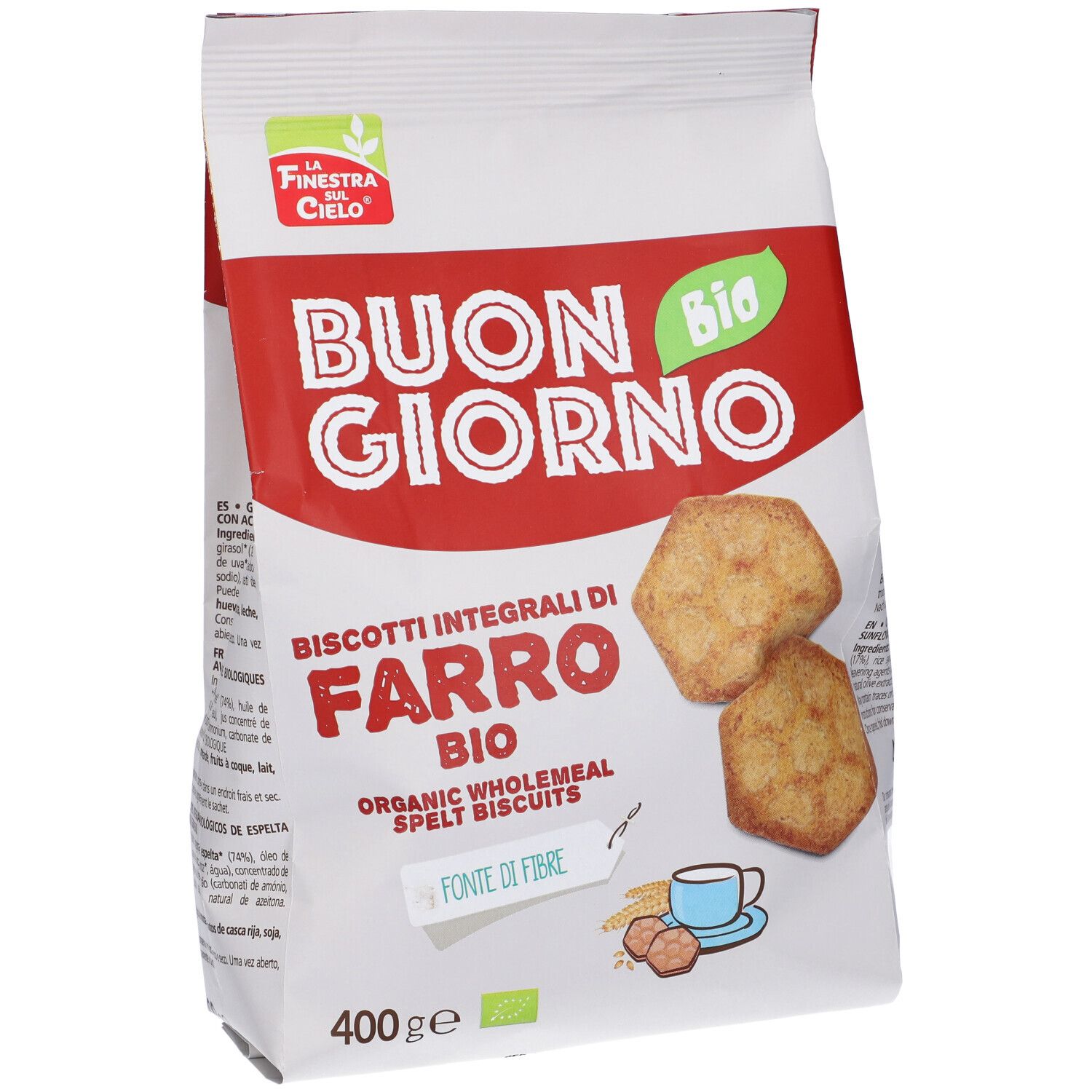 Confezione di Biscotti Integrali di Farro Bio. Due biscotti. Testo: Buon Giorno, Fonte di Fibre.