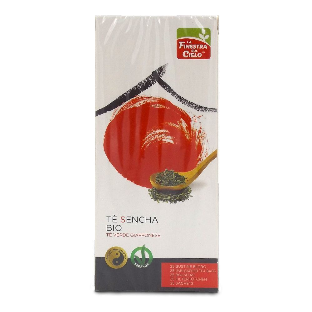 Confezione di tè. Scritta: Tè Sencha Bio, tè verde. Logo: La Finestra del Cielo. Contiene 25 bustine.