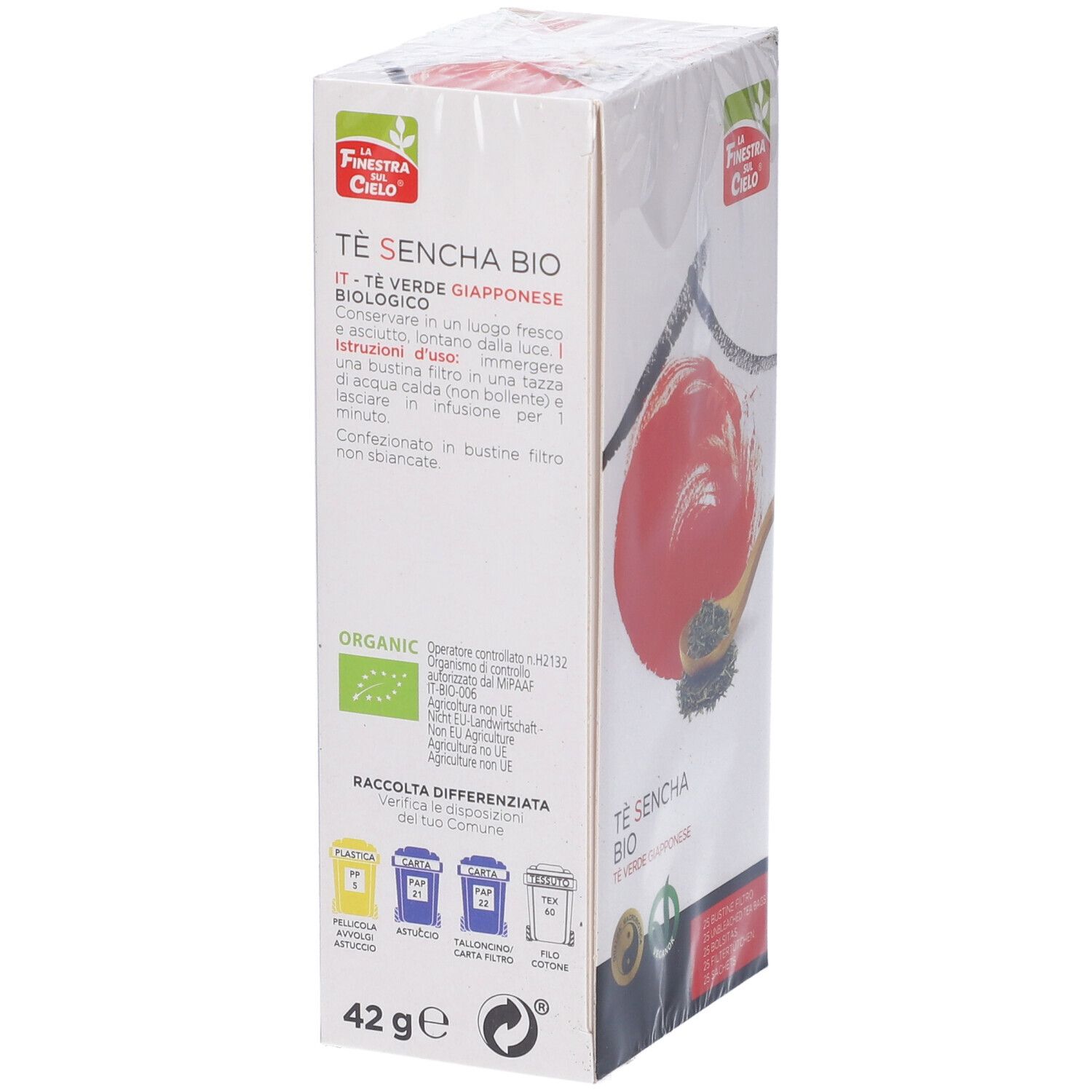 Confezione di tè. Scritta: Tè Sencha Bio, tè verde. Logo: La Finestra del Cielo. 42g. Certificazione bio.
