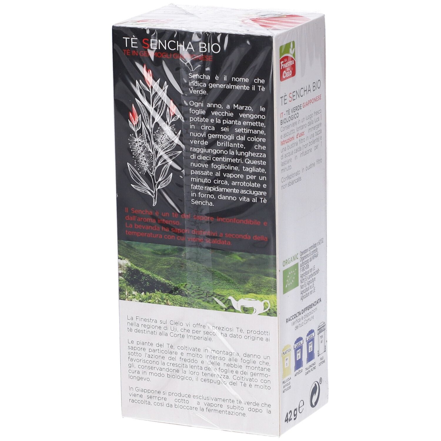 Confezione di tè. Scritta: Tè Sencha Bio, tè verde. Logo: La Finestra del Cielo. 42g. Testo sul tè.
