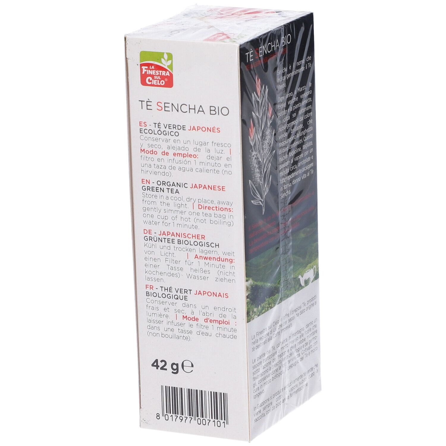 Confezione di tè. Scritta: Tè Sencha Bio, tè verde. Logo: La Finestra del Cielo. 42g. Istruzioni per l'uso.