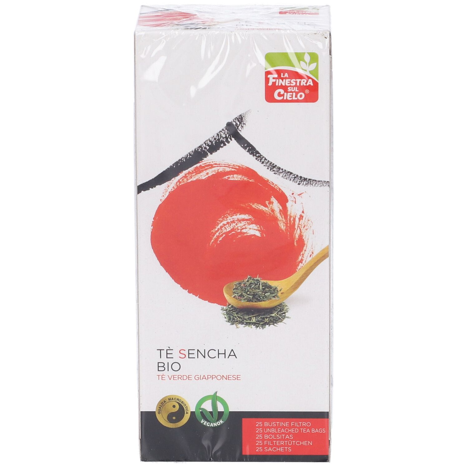 Confezione di tè. Scritta: Tè Sencha Bio, tè verde. Logo: La Finestra del Cielo. Contiene 25 bustine.