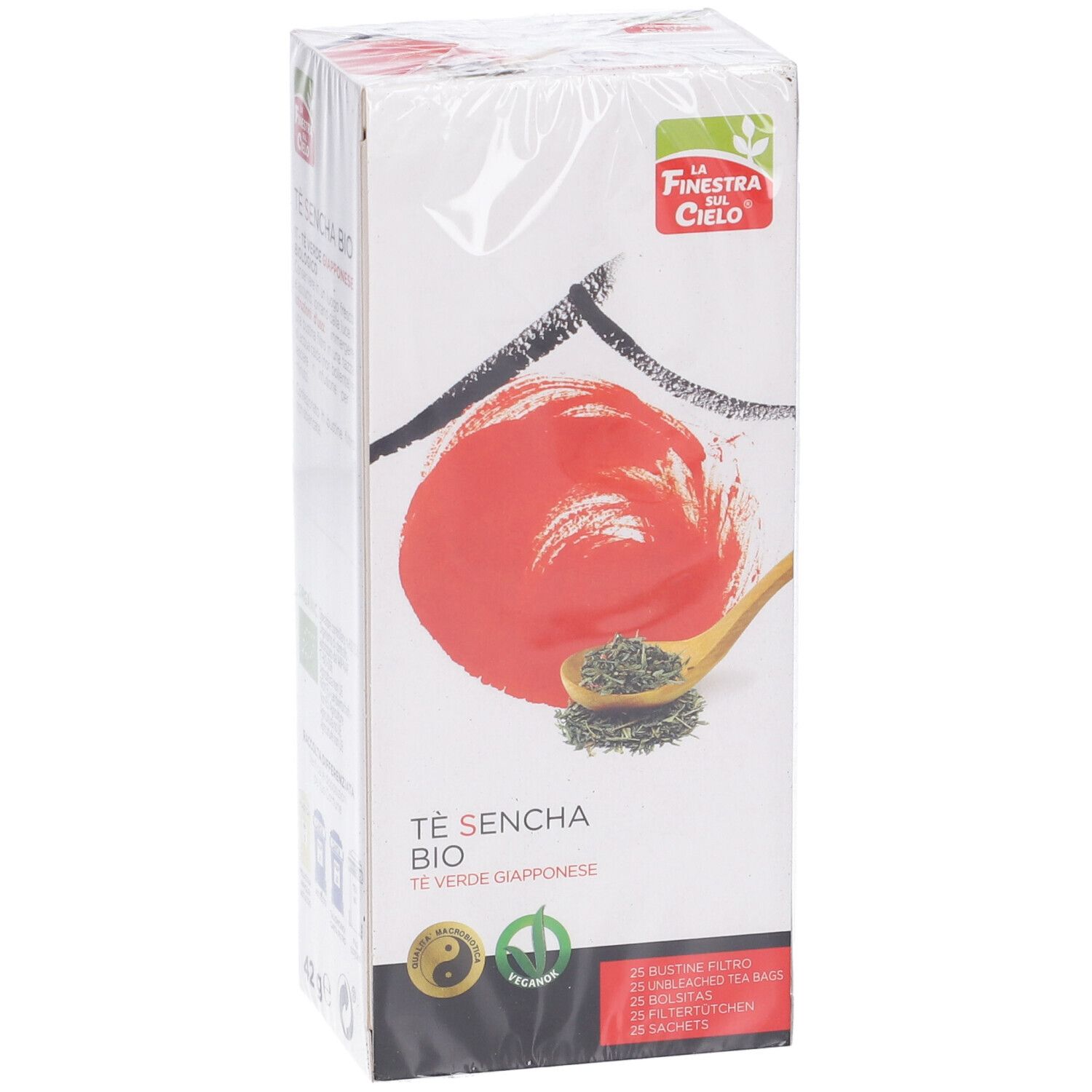 Confezione di tè. Scritta: Tè Sencha Bio, tè verde. Logo: La Finestra del Cielo. Contiene 25 bustine.