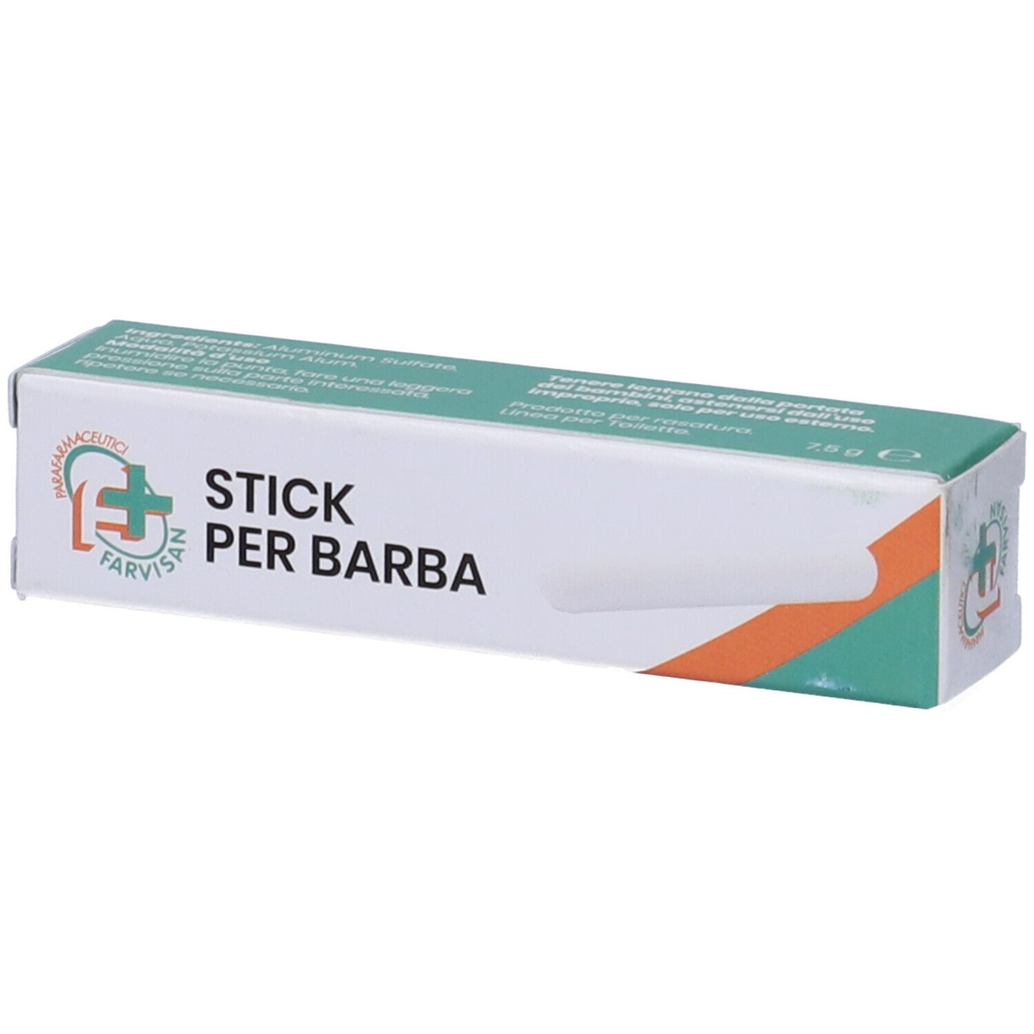 Scatola bianca e verde con nome del prodotto. Scritto: Stick Per Barba. Logo: croce farmacia.