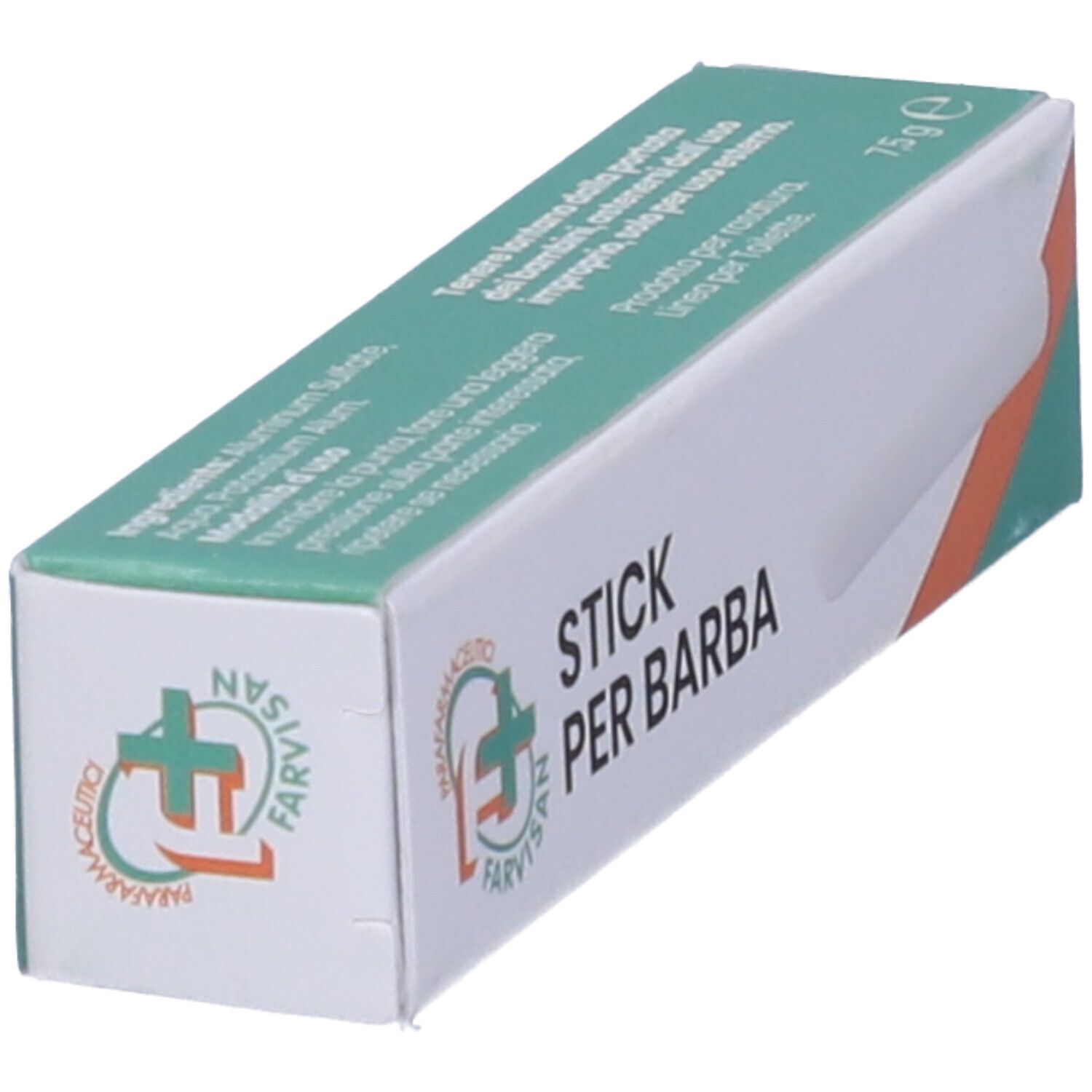 Scatola con nome del prodotto. Scritto: Stick Per Barba. Logo: croce farmacia. Testo: 75g.