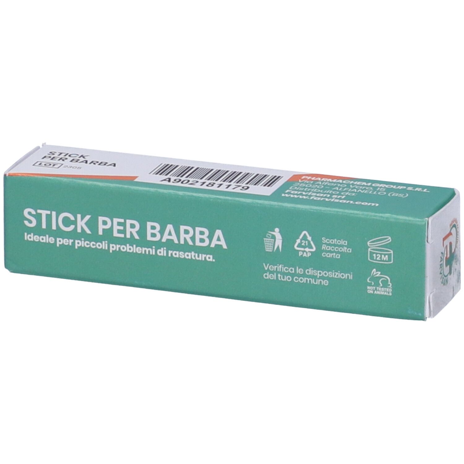 Scatola verde con nome del prodotto. Scritto: Stick Per Barba. Logo: croce farmacia. Testo: A902181179.
