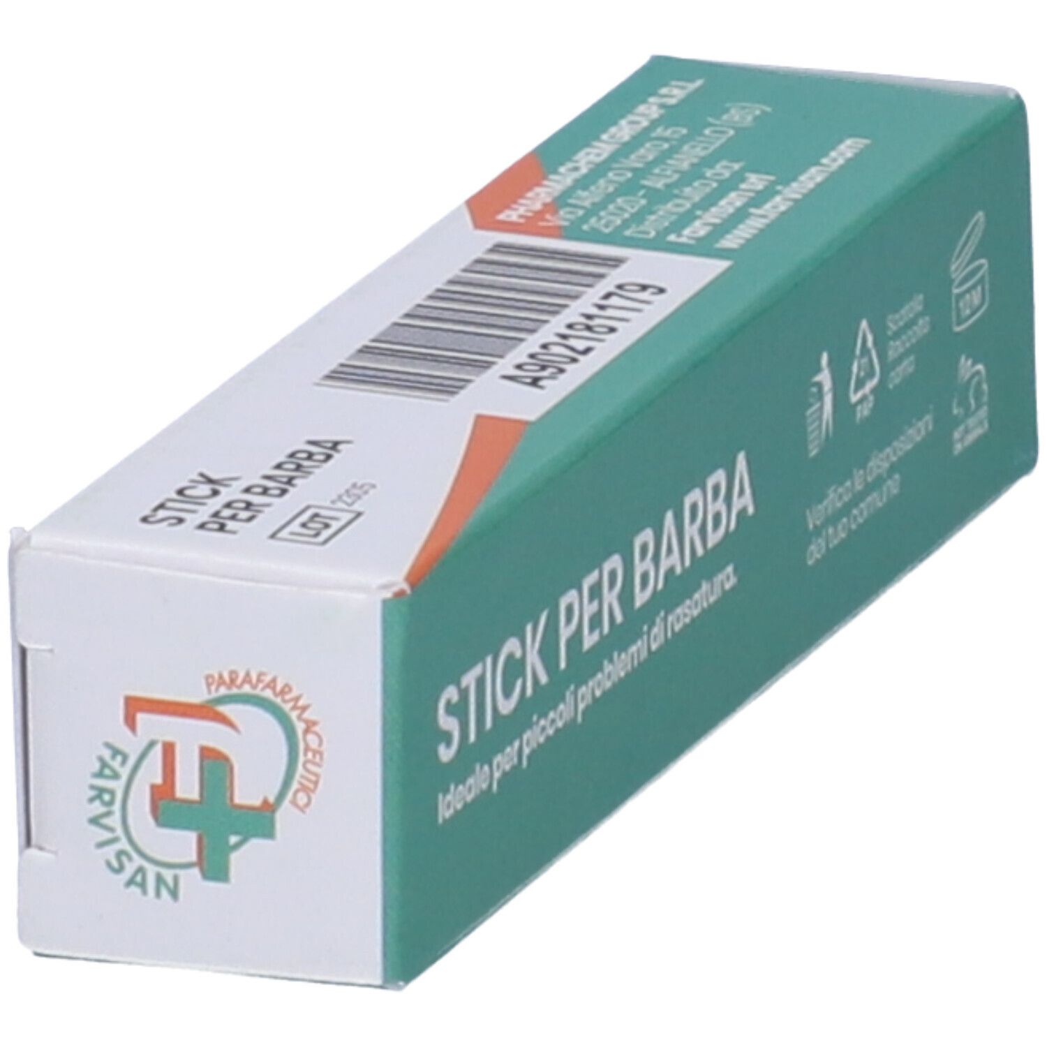 Scatola verde con nome del prodotto. Scritto: Stick Per Barba. Logo: croce farmacia. Codice a barre.