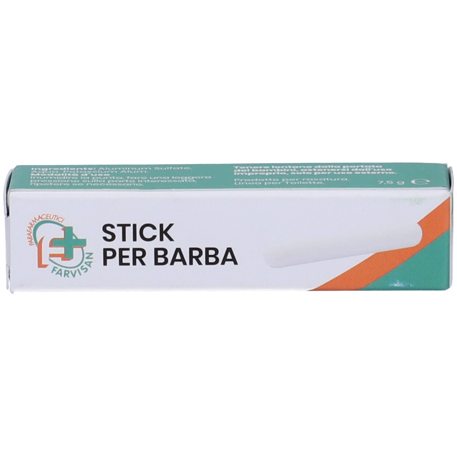 Scatola bianca e verde con nome del prodotto. Scritto: Stick Per Barba. Logo: croce farmacia. Testo: 7,5g.