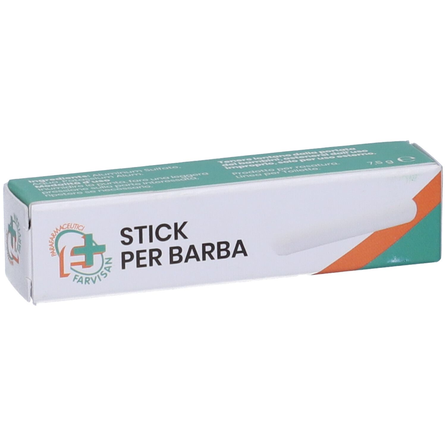 Scatola bianca e verde con nome del prodotto. Scritto: Stick Per Barba. Logo: croce farmacia. Testo: 7,5g.