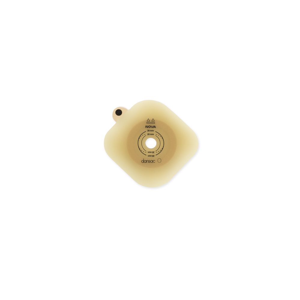 Placca base quadrata beige con foro rotondo. Segni neri con indicazioni di misura. Piccola chiusura rotonda.