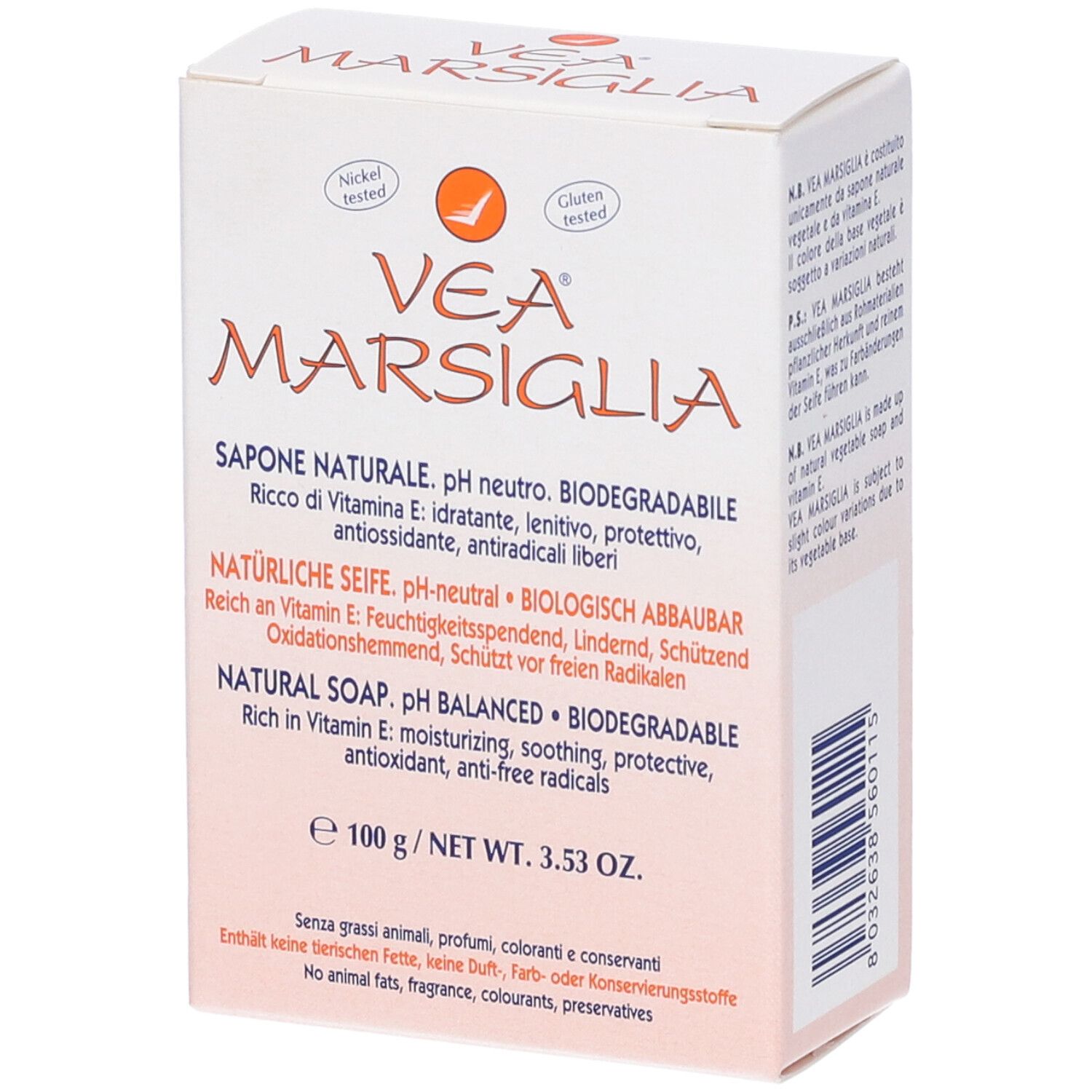 Confezione sapone VEA Marsiglia. Scatola bianco-rosa con informazioni prodotto. Testato nichel e glutine.