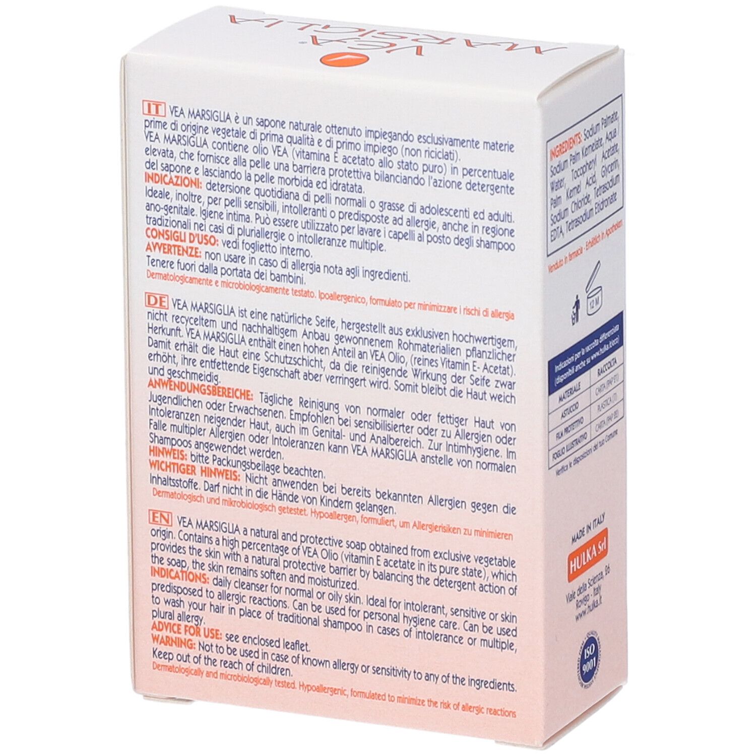 Confezione sapone VEA Marsiglia. Vista dettagliata del retro con informazioni e istruzioni per l'uso.