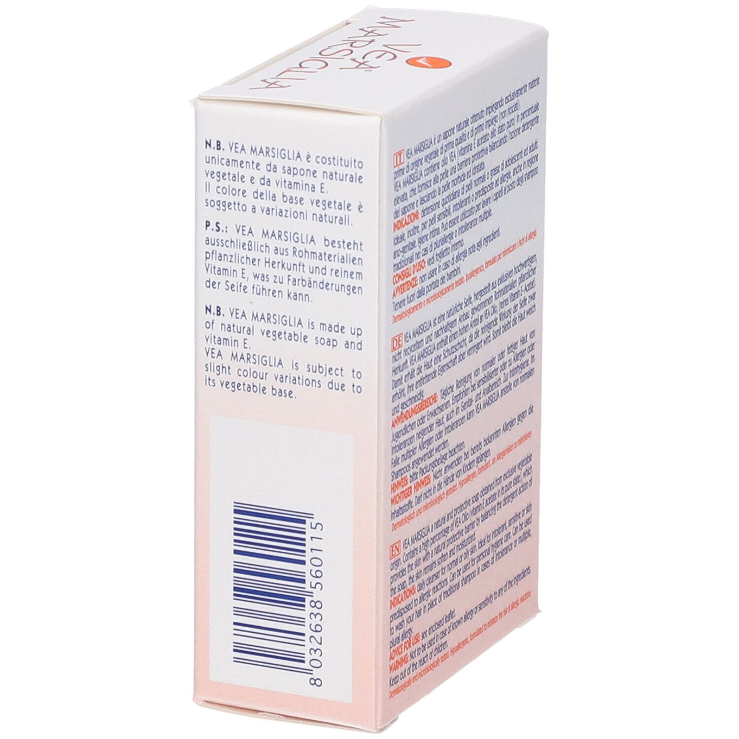 Confezione sapone VEA Marsiglia. Vista laterale con informazioni sul prodotto e codice a barre.