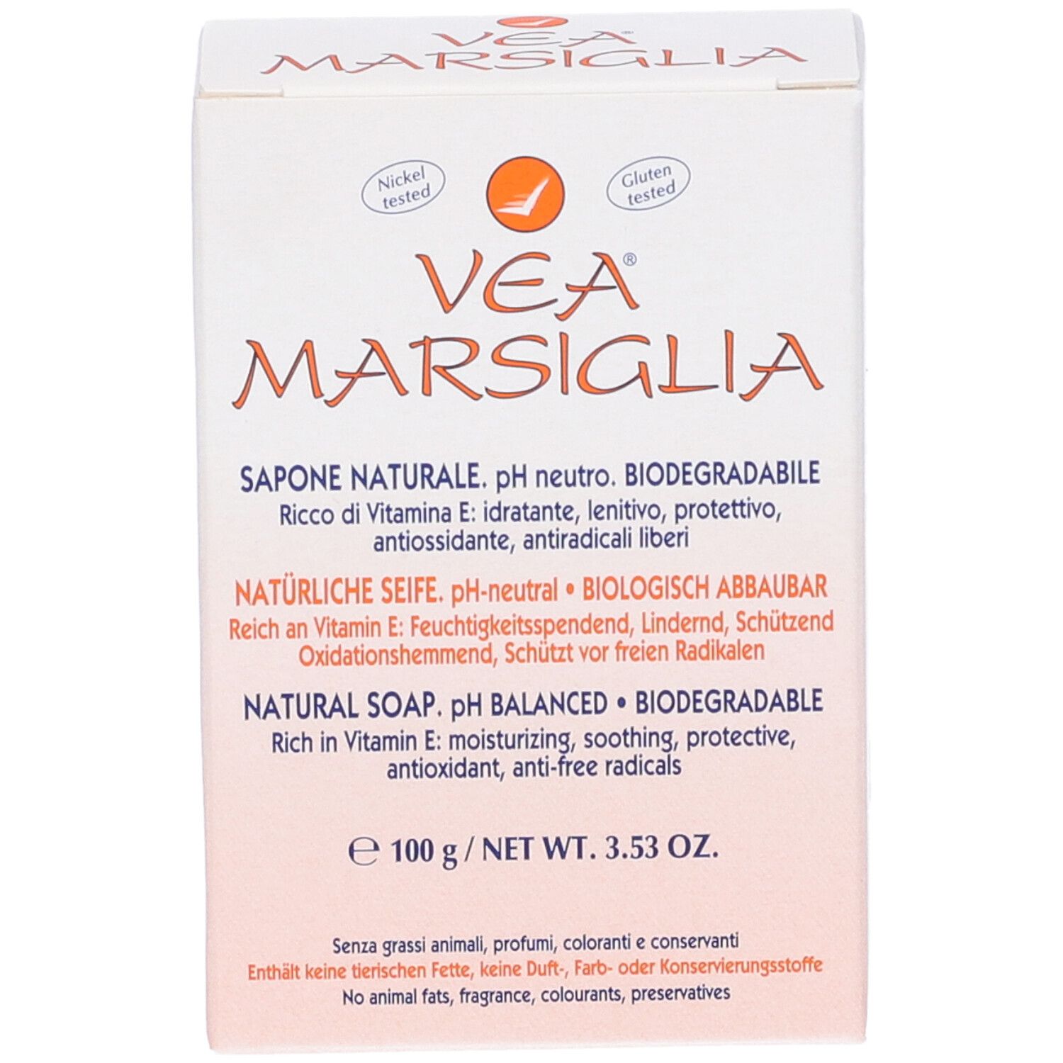Confezione sapone VEA Marsiglia. Parte anteriore con informazioni sul prodotto. Testato nichel e glutine.