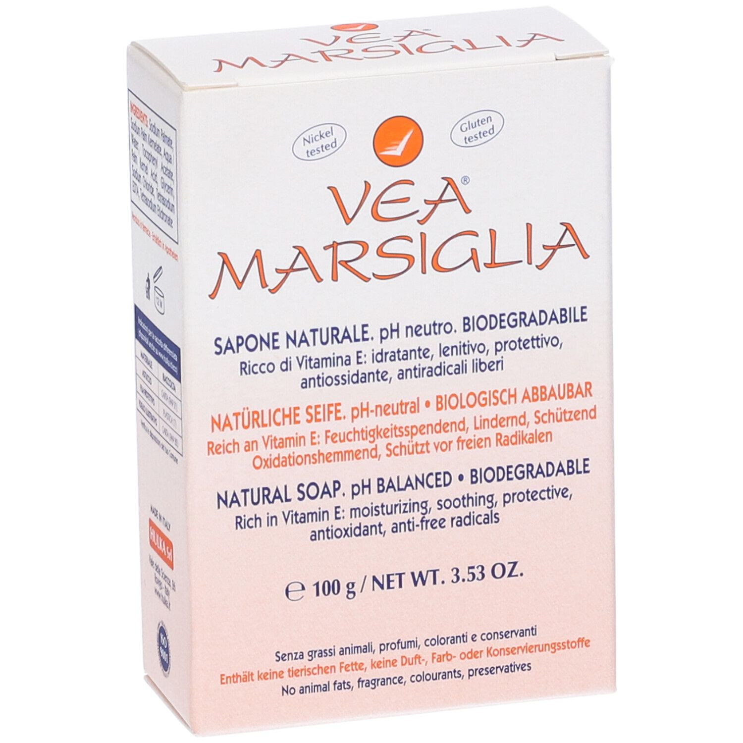Confezione sapone VEA Marsiglia. Parte anteriore con informazioni sul prodotto. Testato nichel e glutine.