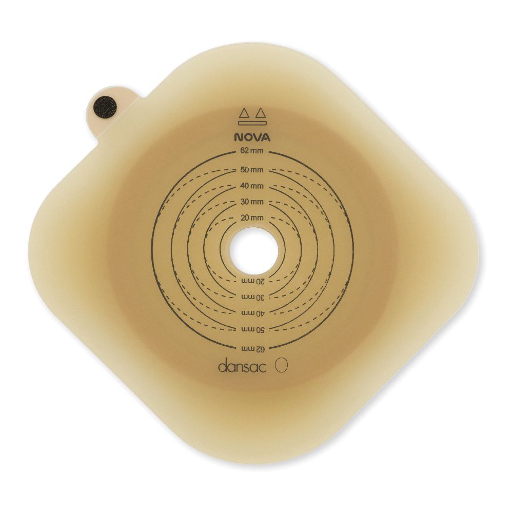Placca base quadrata beige con foro e cerchi concentrici. Marchio: Dansac, modello Nova.