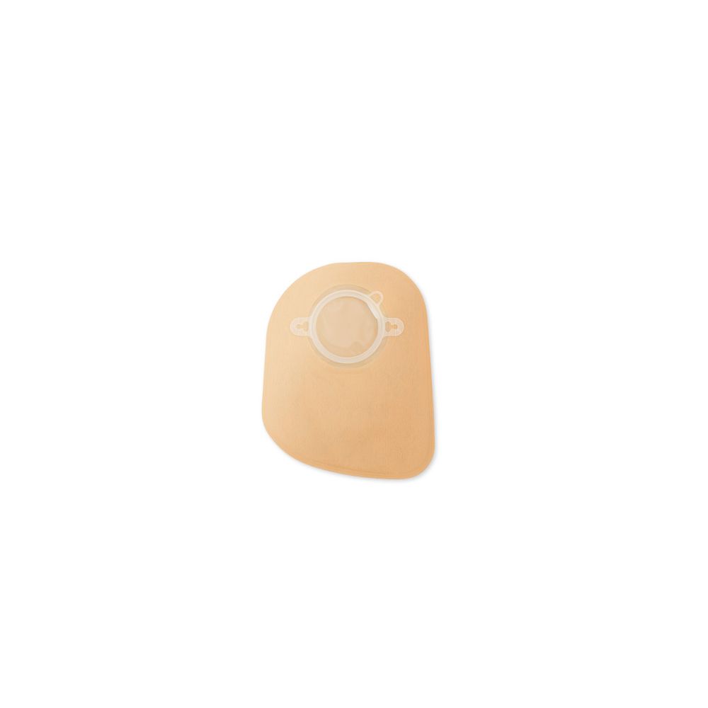 Sacca per colostomia. Forma ovale beige con anello bianco e chiusura. Filtro visibile.